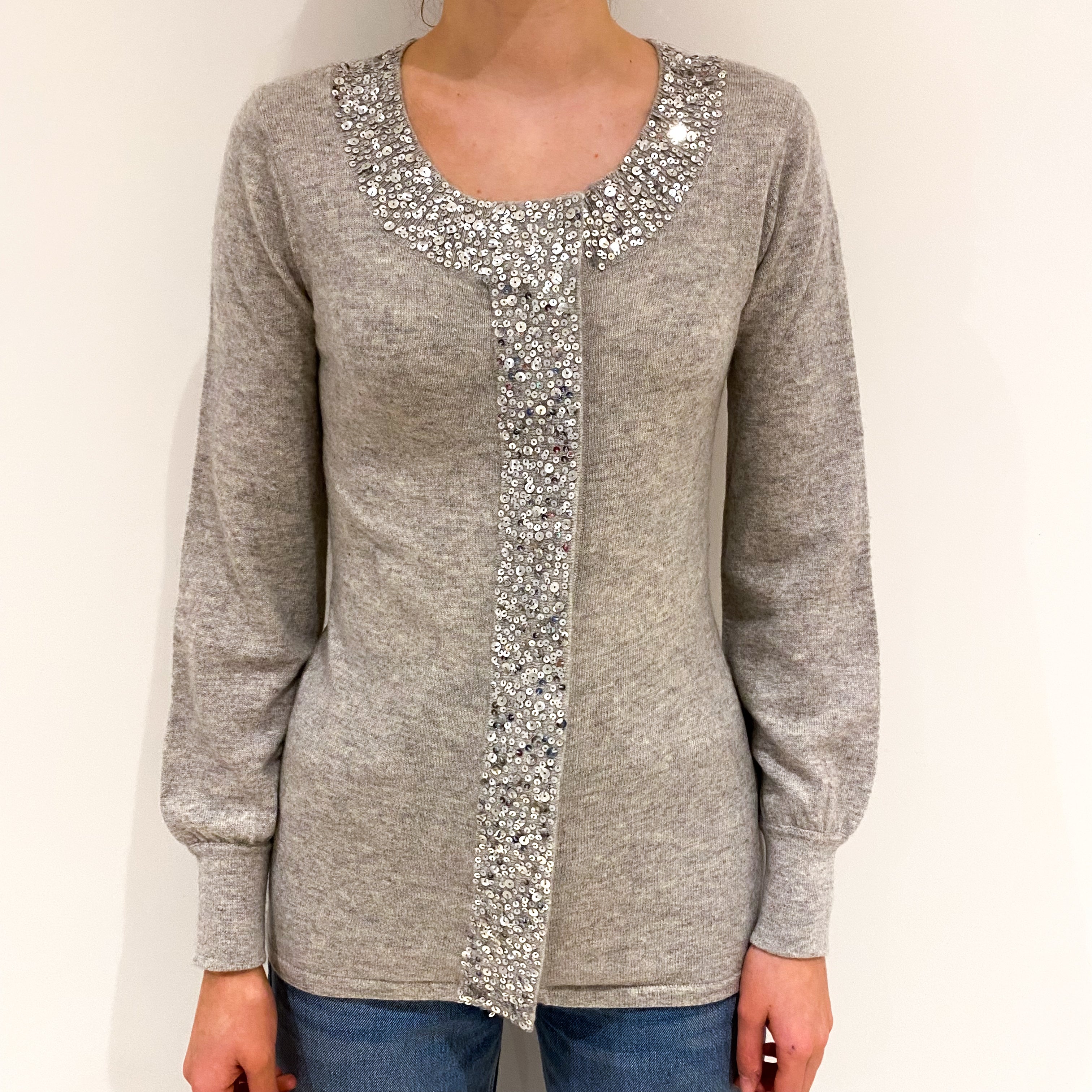 Smoke Grey Sequin Cashmere Crew Neck Cardigan Extra Small