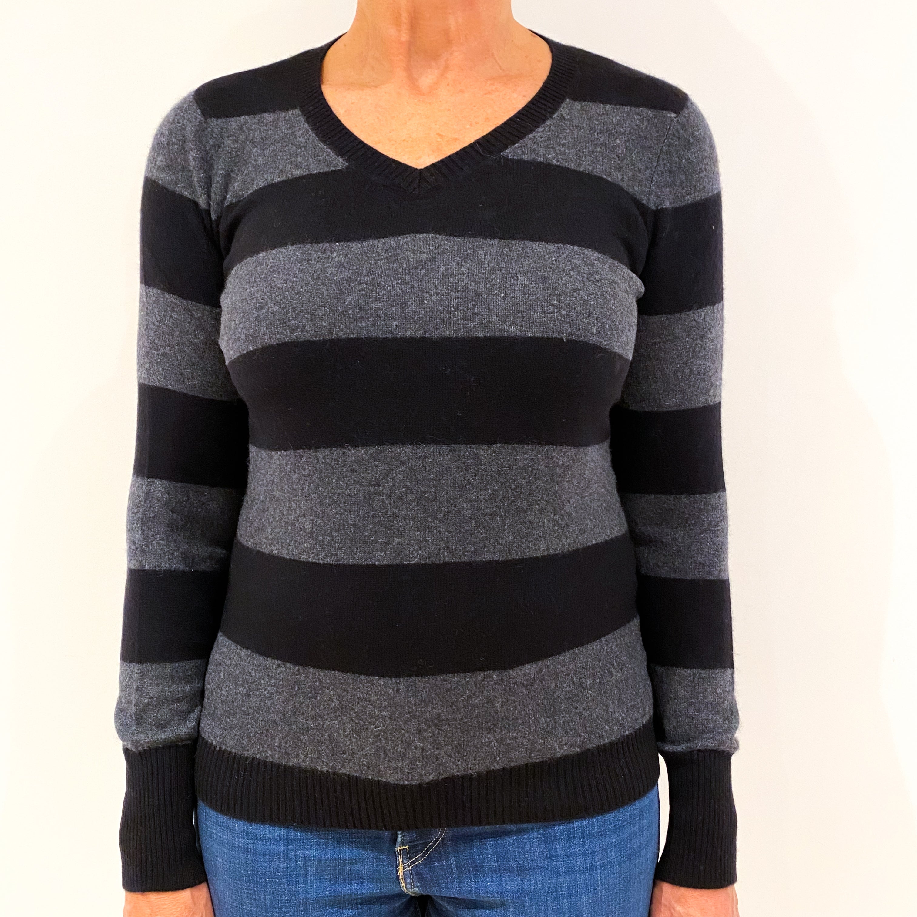 Black Grey Striped Cashmere V-Neck Jumper Medium