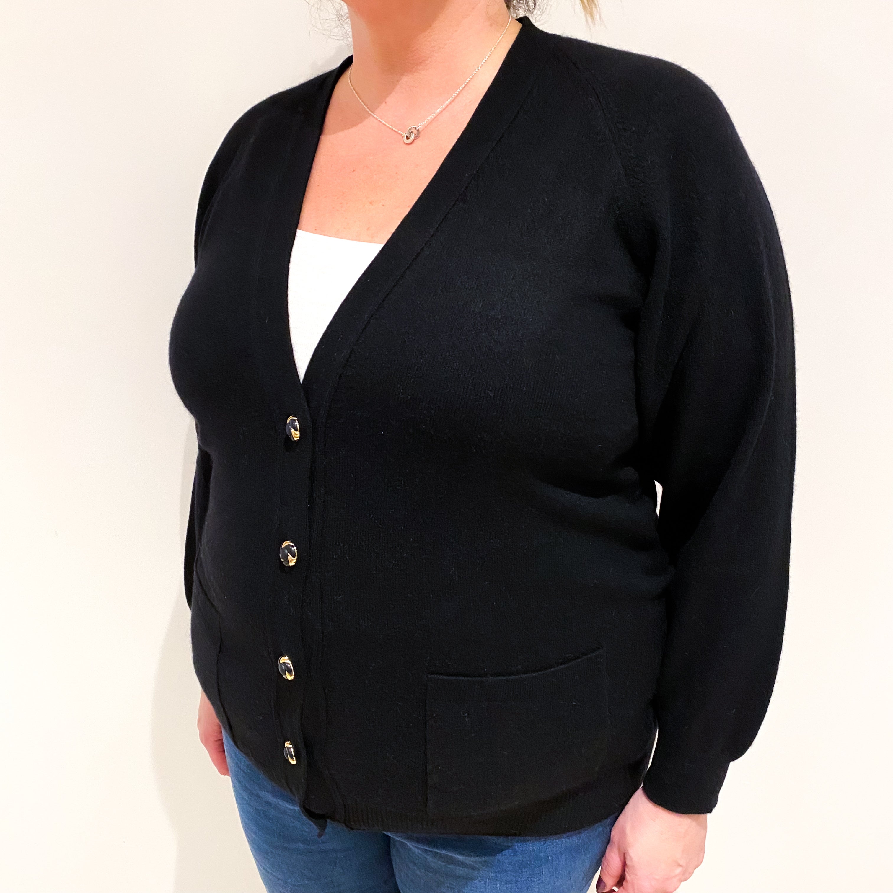 Black Cashmere V Neck Cardigan with Pockets Extra Large