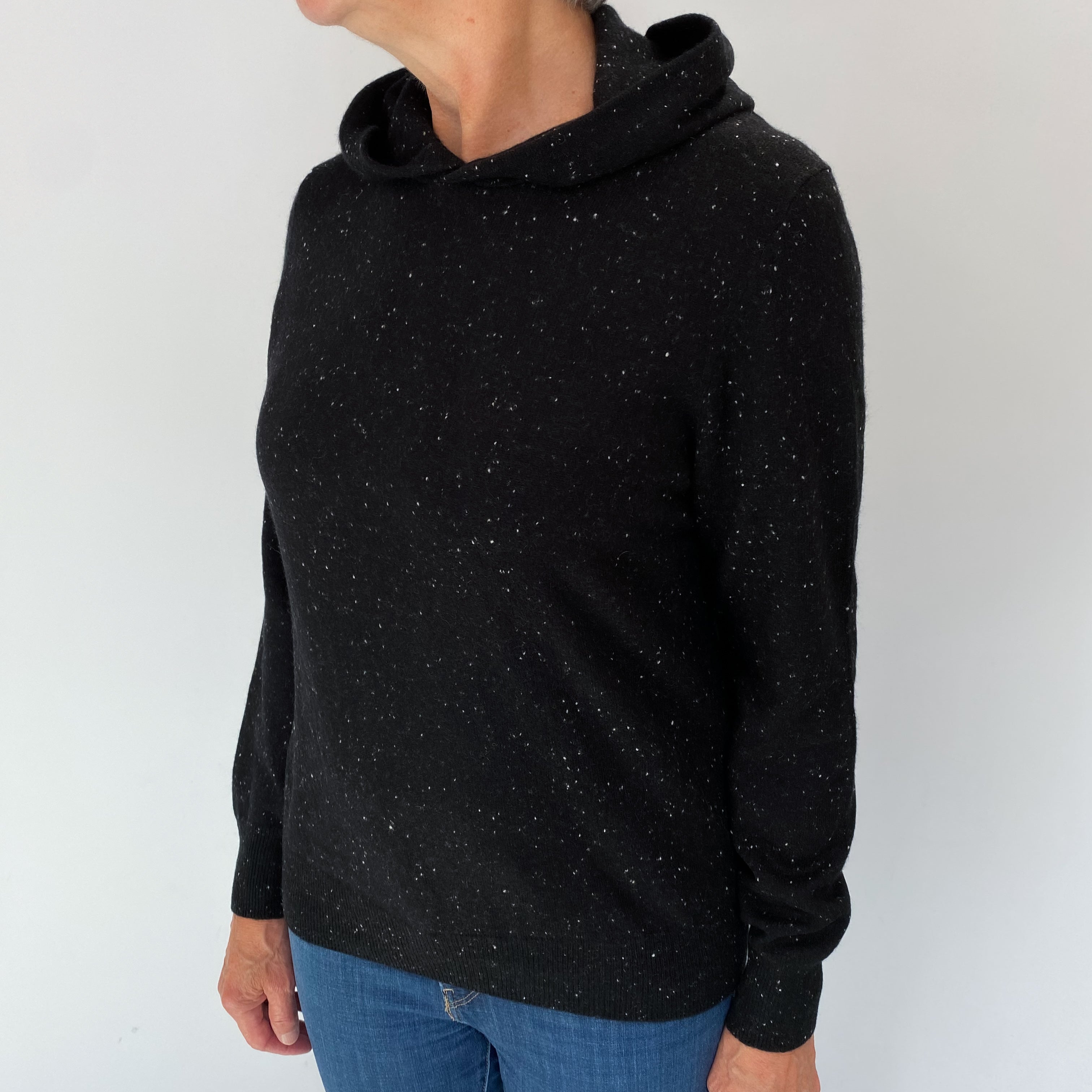 Black Flecked Cashmere Hoodie Jumper Medium