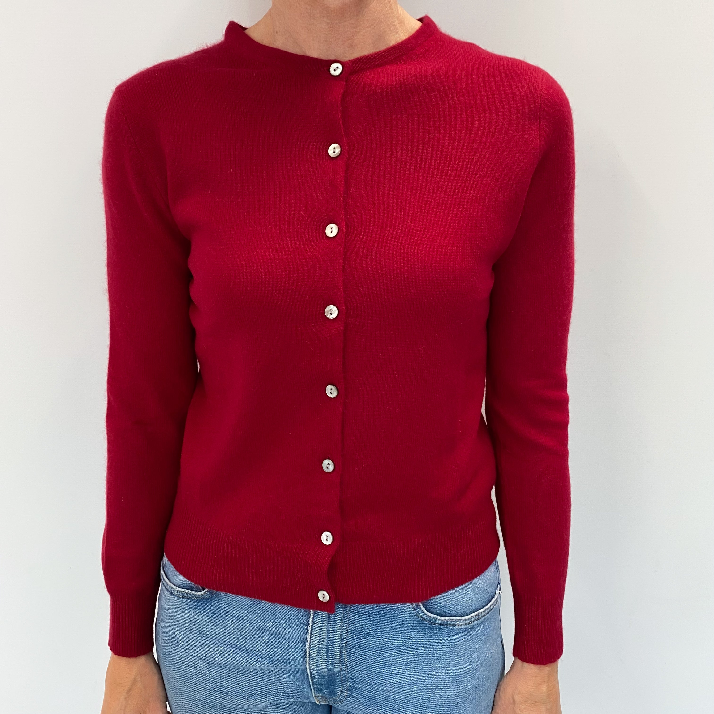 Ruby Red Cashmere Crew Neck Cardigan Small