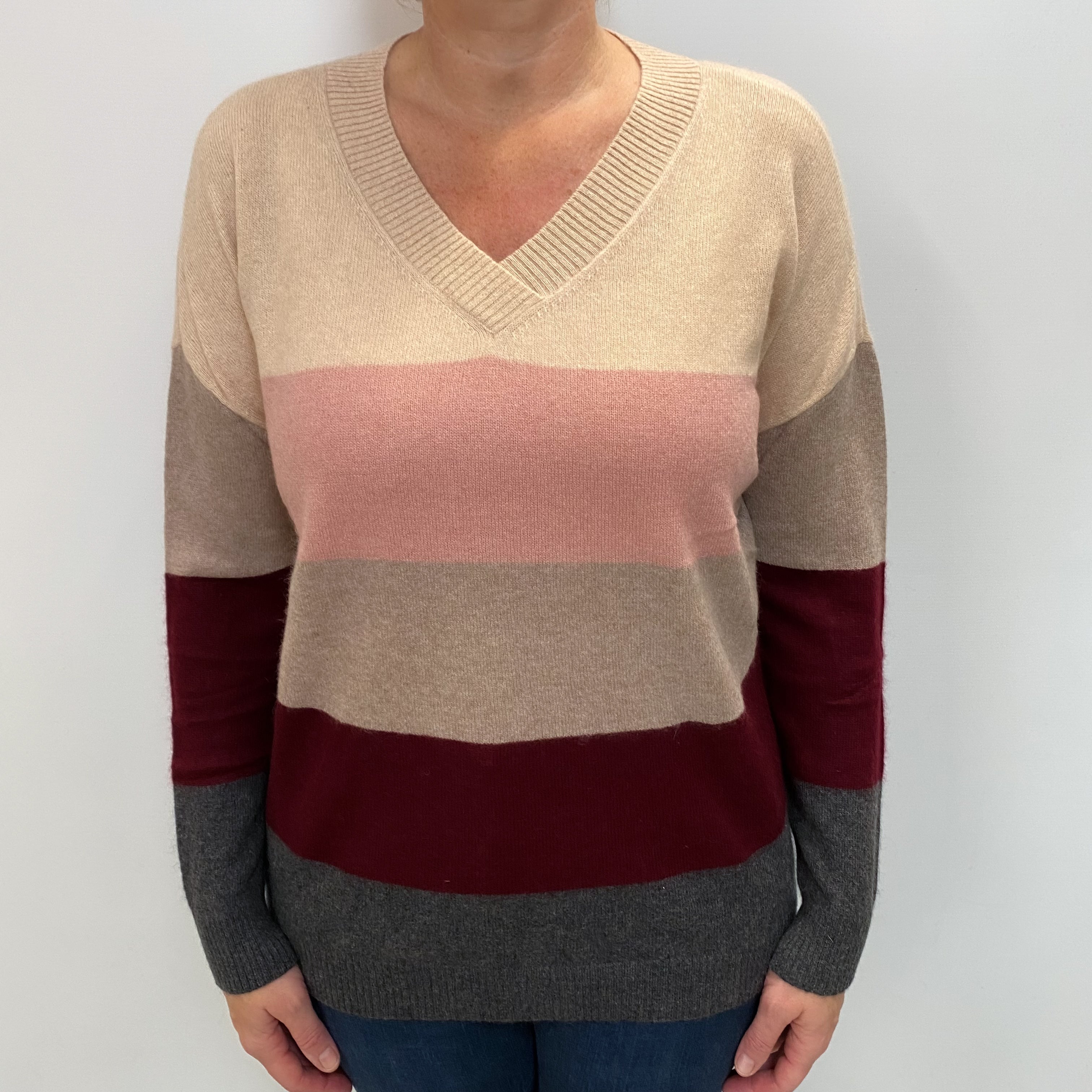 Brown and Pink Stripe Cashmere V Neck Jumper Large