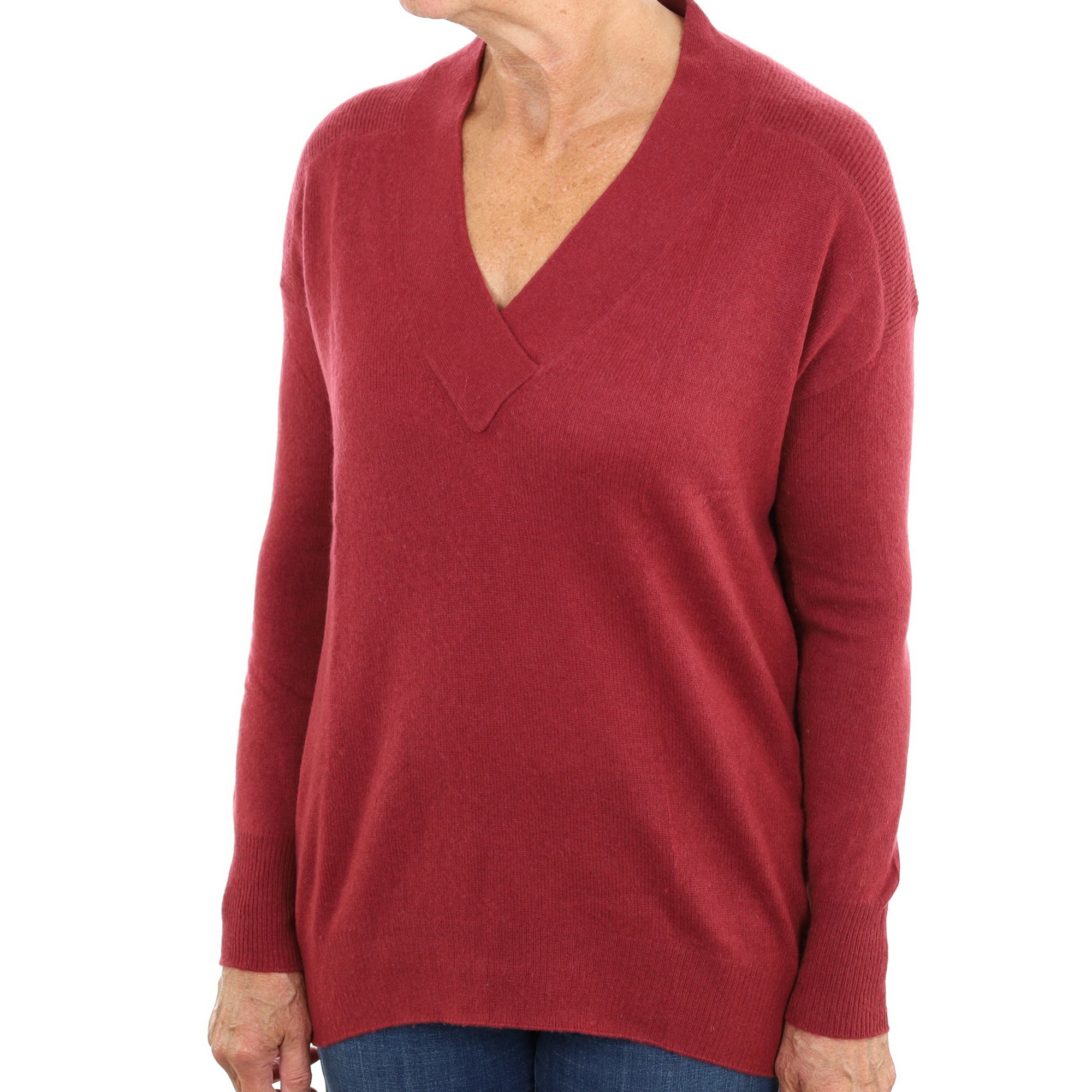 Deep Ruby Red Cashmere V Neck Jumper Medium