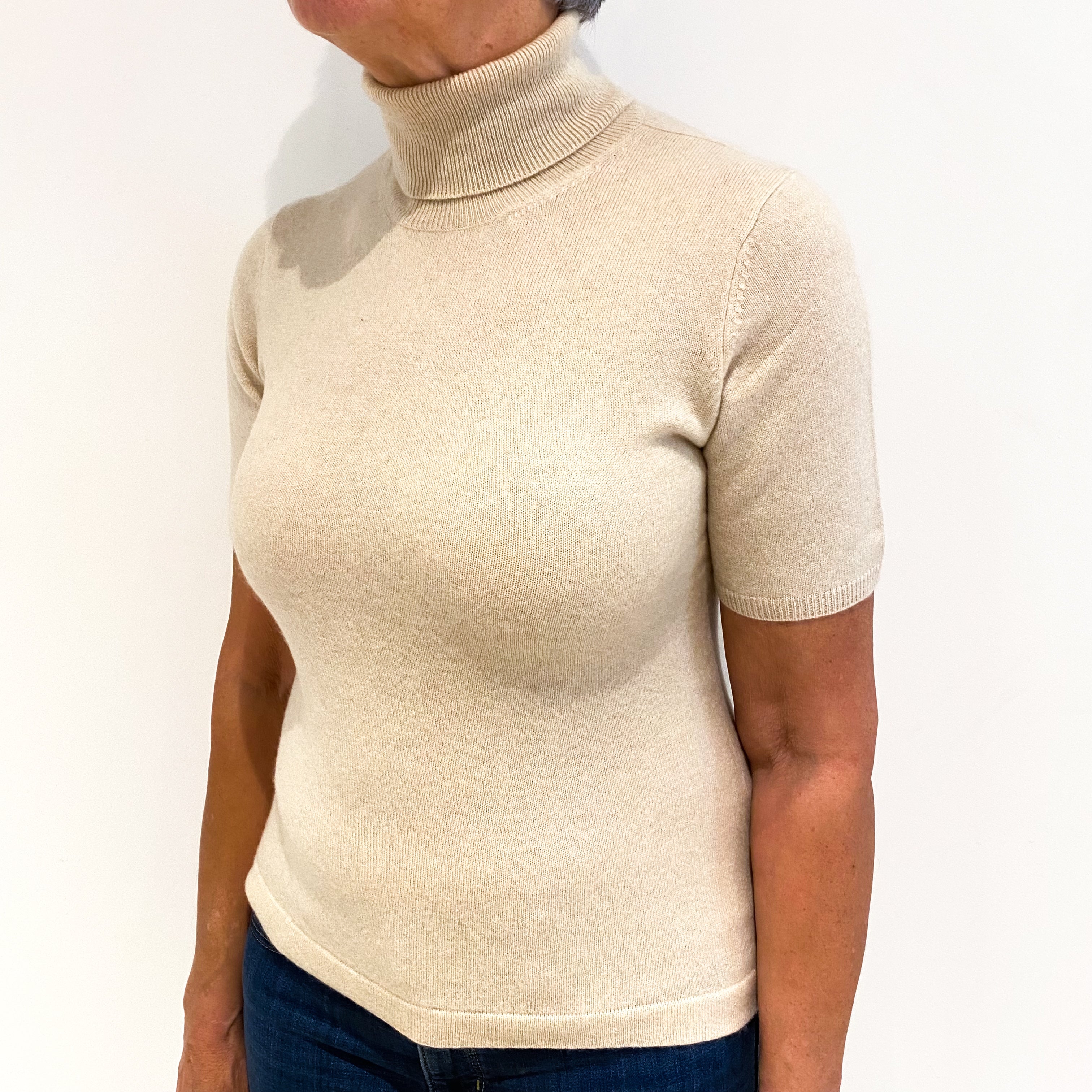 Oatmeal Brown Short Sleeve Cashmere Polo Neck Jumper Medium