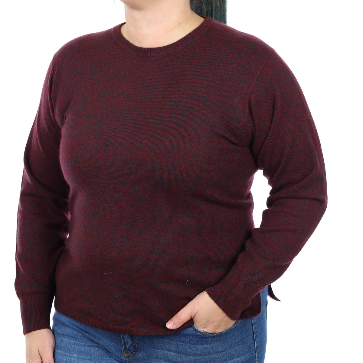 Burgundy Bottle Green Marl Cashmere Crew Neck Jumper Large