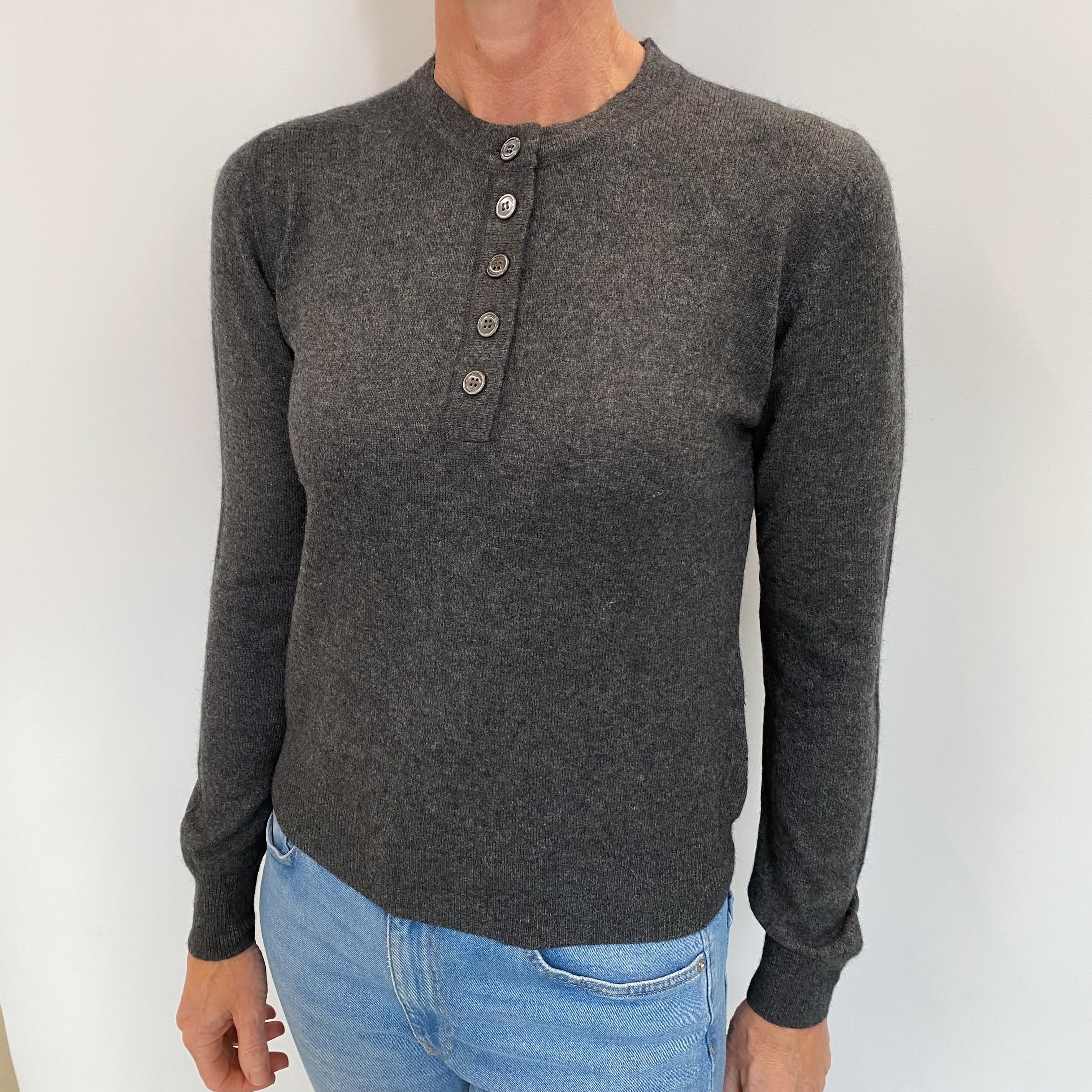 Slate Grey Cashmere 1/4 Buttoned Crew Neck Jumper Small