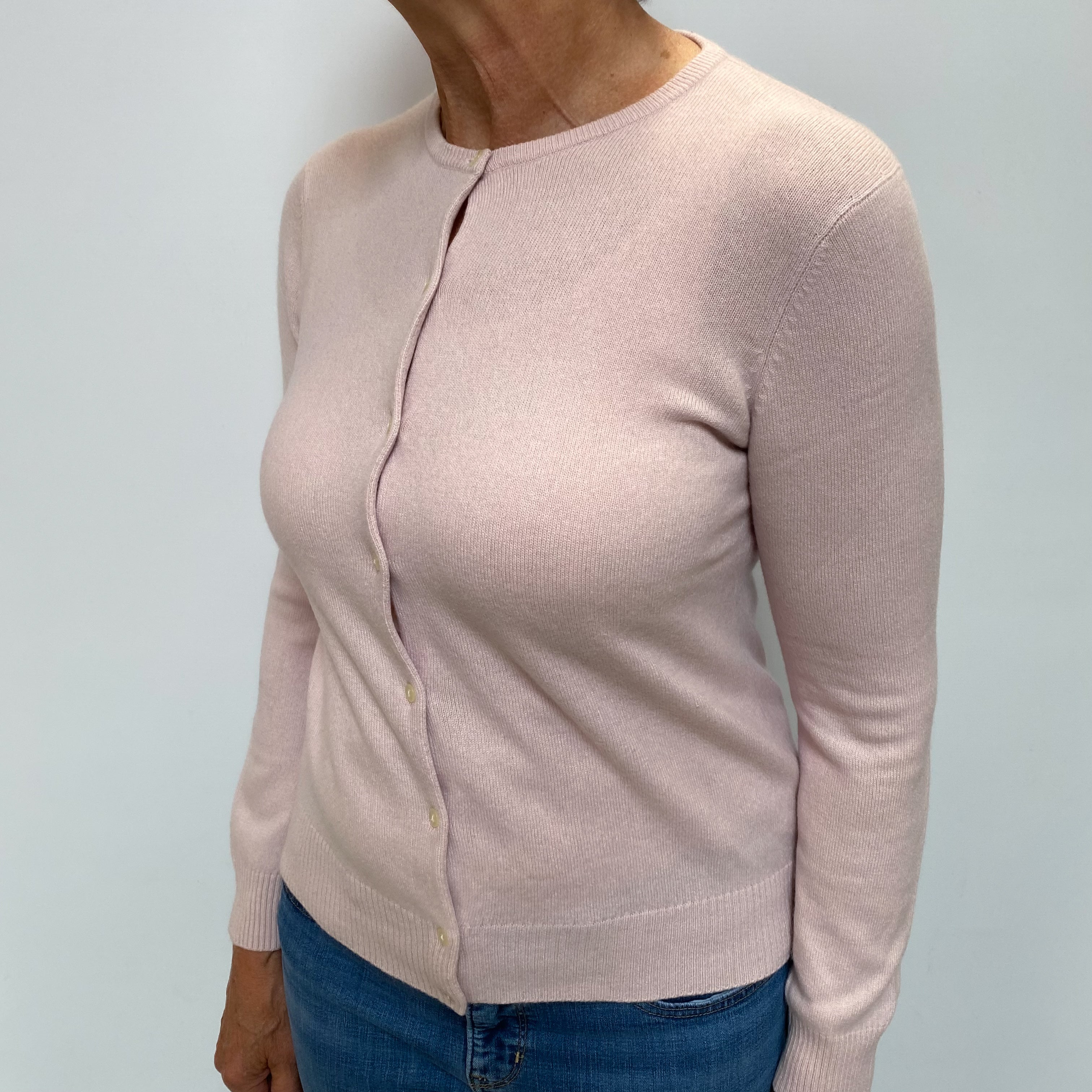 Pale Pink Cashmere Crew Neck Cardigan Medium