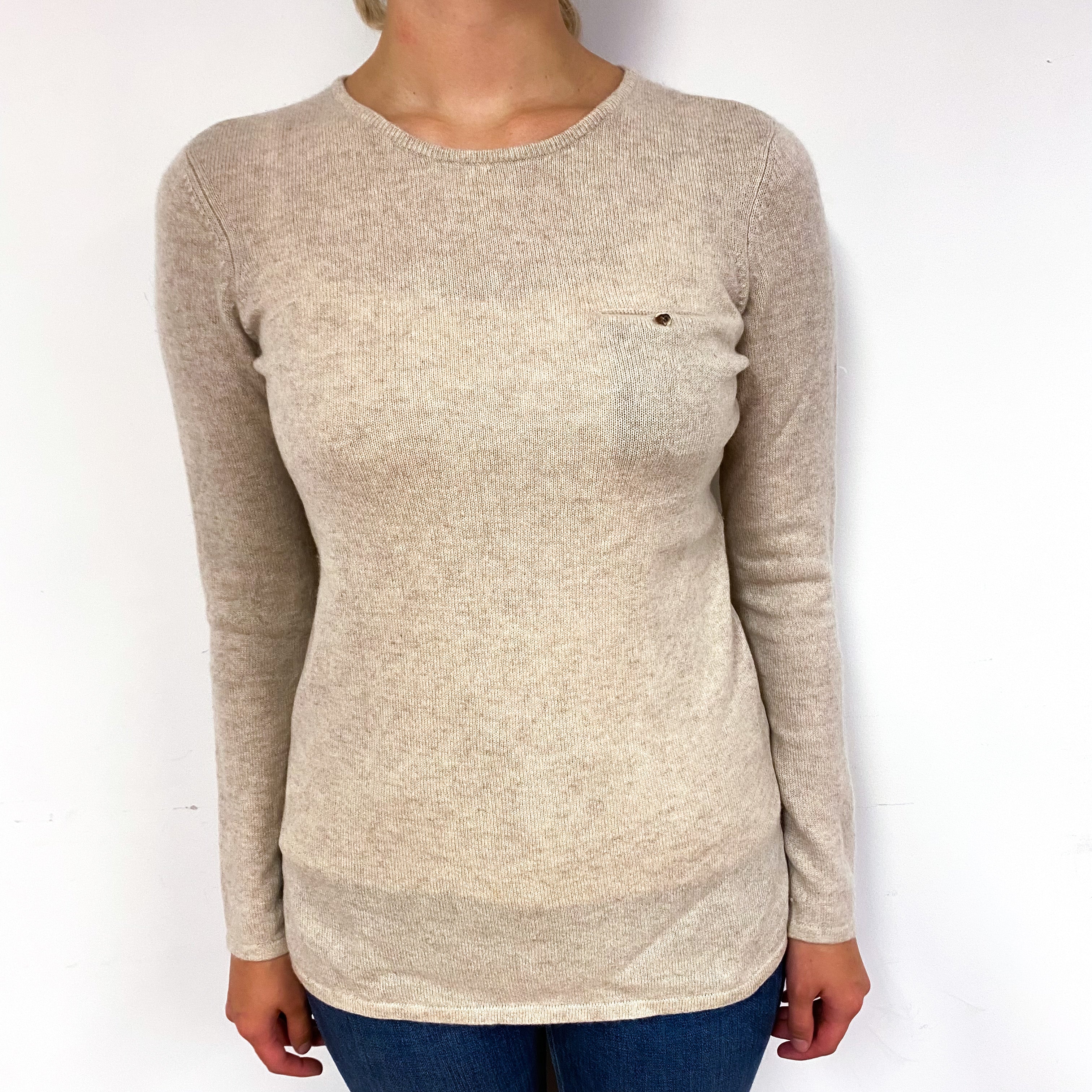 Oatmeal Beige Chest Pocket Cashmere Crew Neck Jumper Small