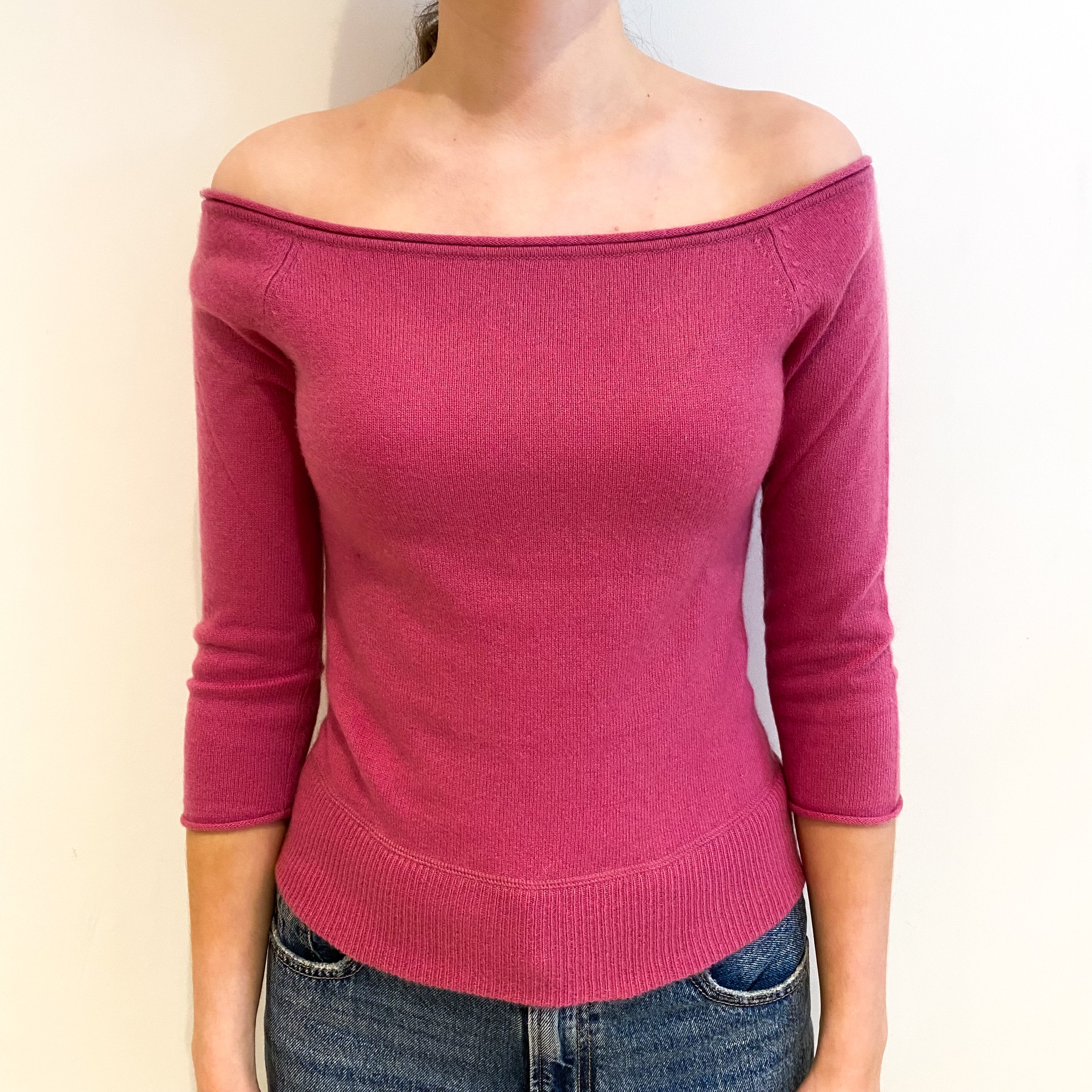 Rose Pink Cashmere Off Shoulder Jumper Extra Small