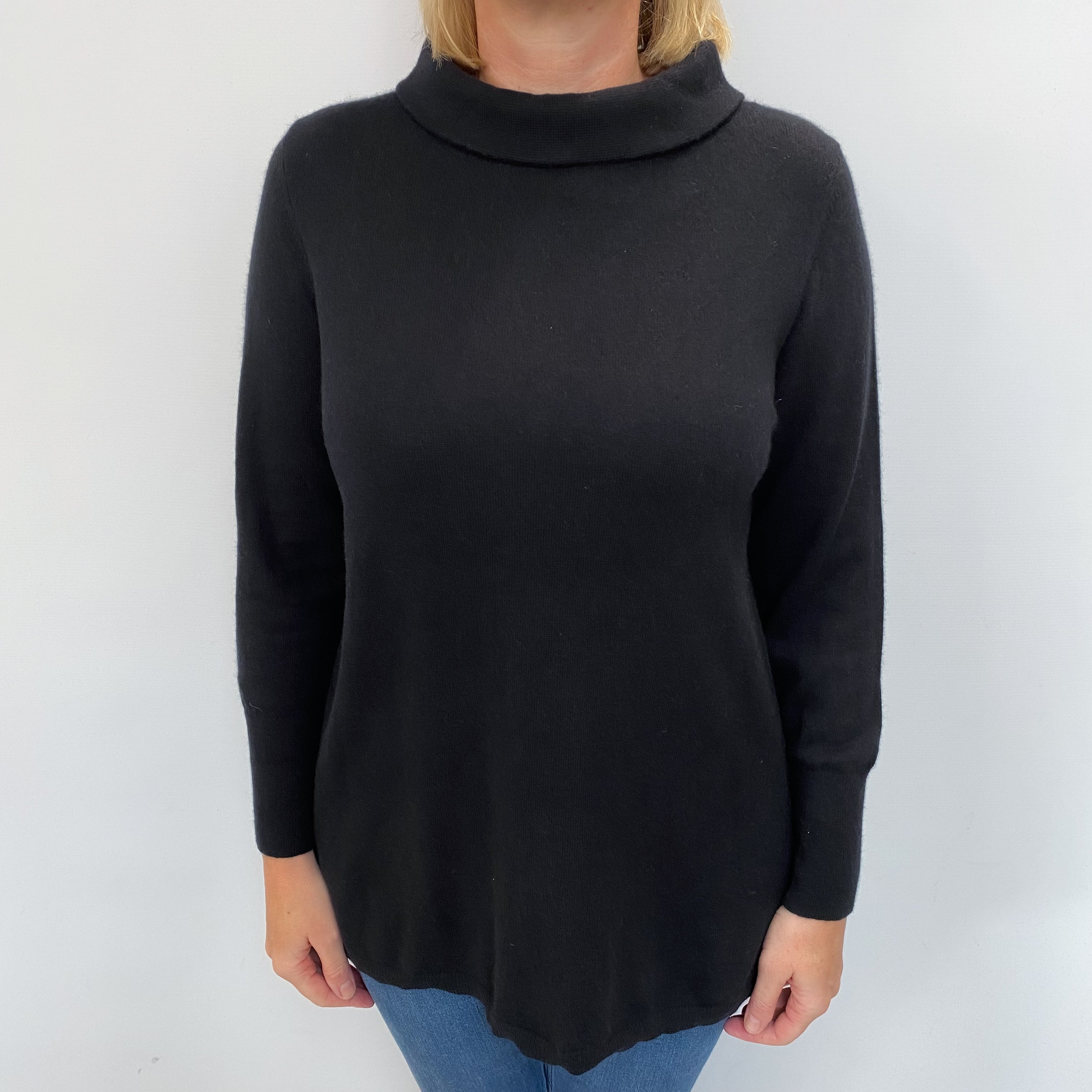 Black Cashmere Roll Neck Longline Jumper Large