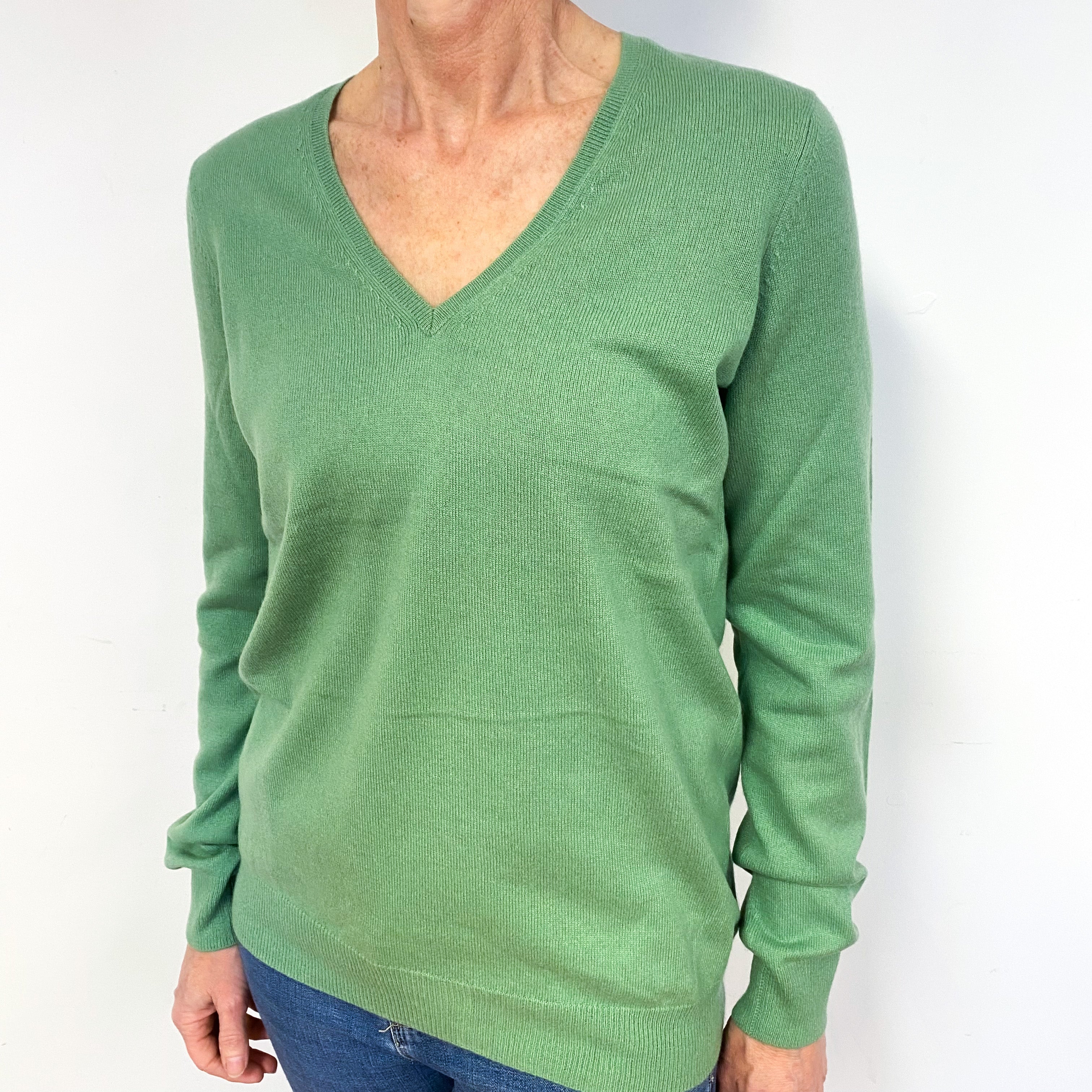 Pear Green Cashmere V-Neck Jumper Medium
