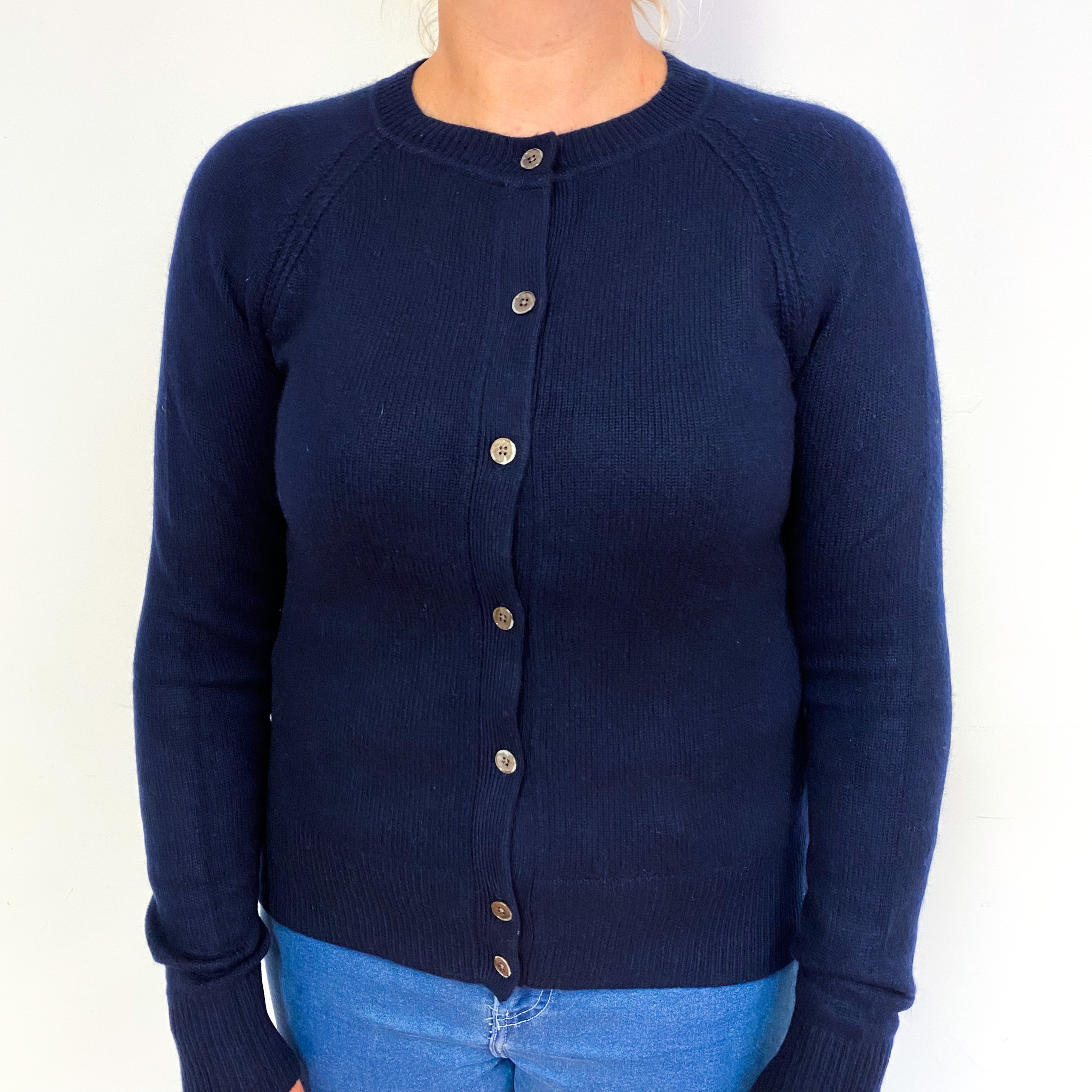 Dark Navy Blue Cashmere Crew Neck Cardigan Large