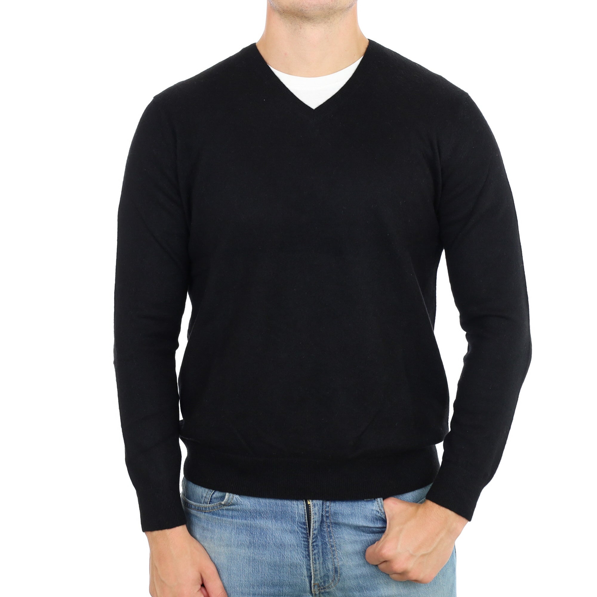 Men's Black Cashmere V Neck Jumper XL