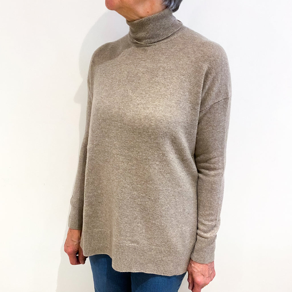 Taupe Brown Cashmere Polo Neck Jumper Medium