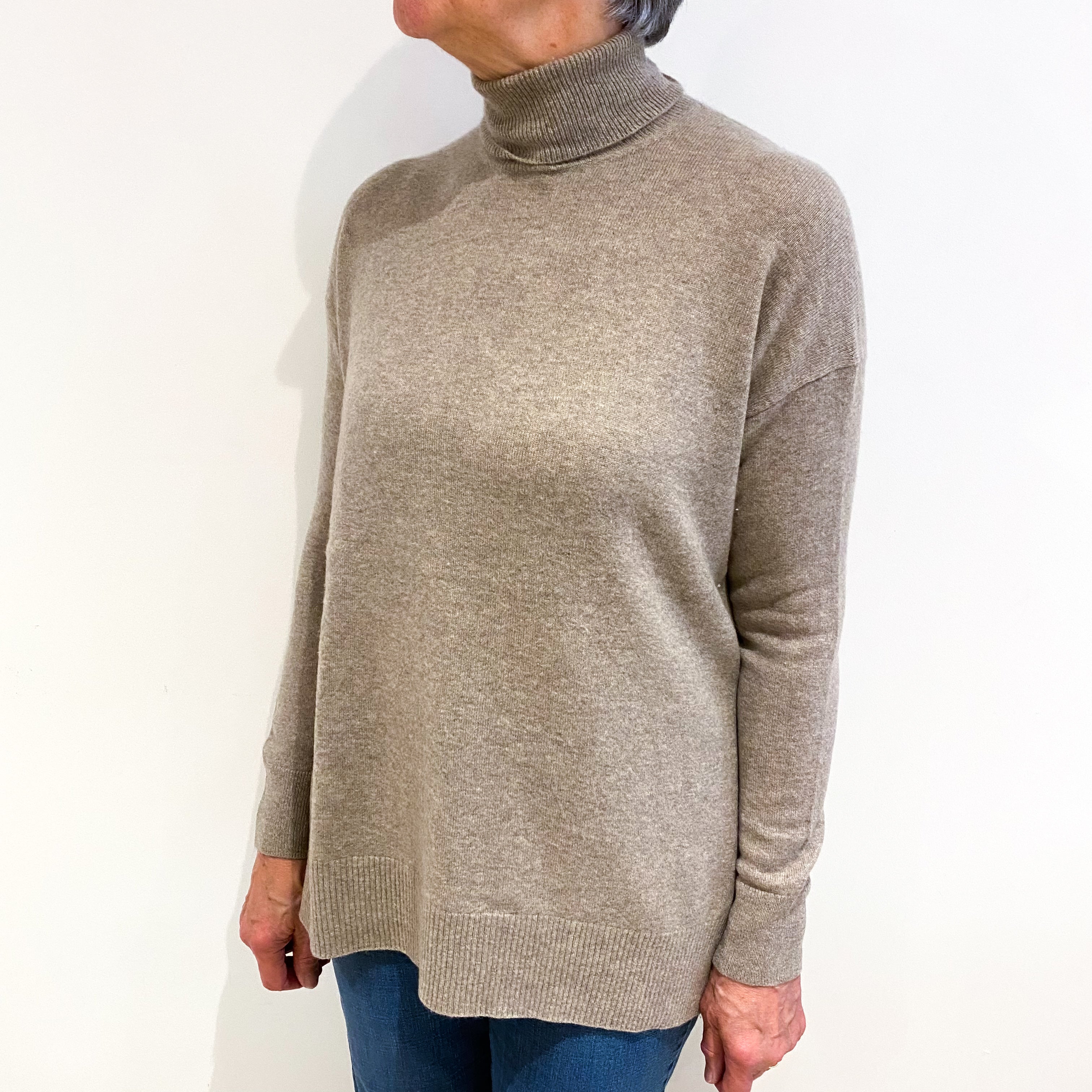 Taupe Brown Cashmere Polo Neck Jumper Medium