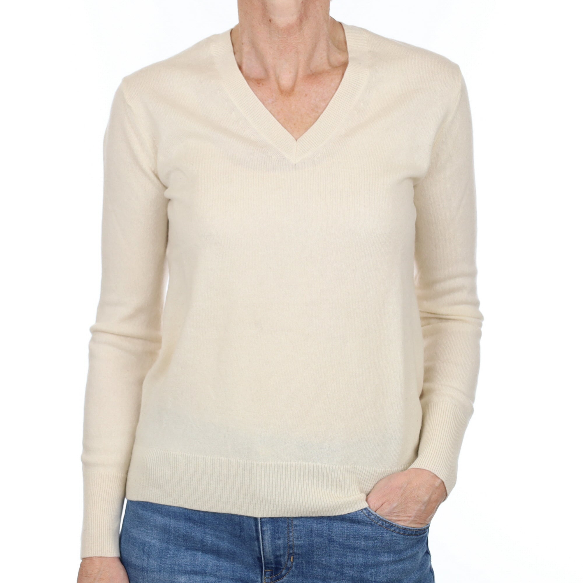 Vanilla Cream Cashmere V Neck Jumper Small