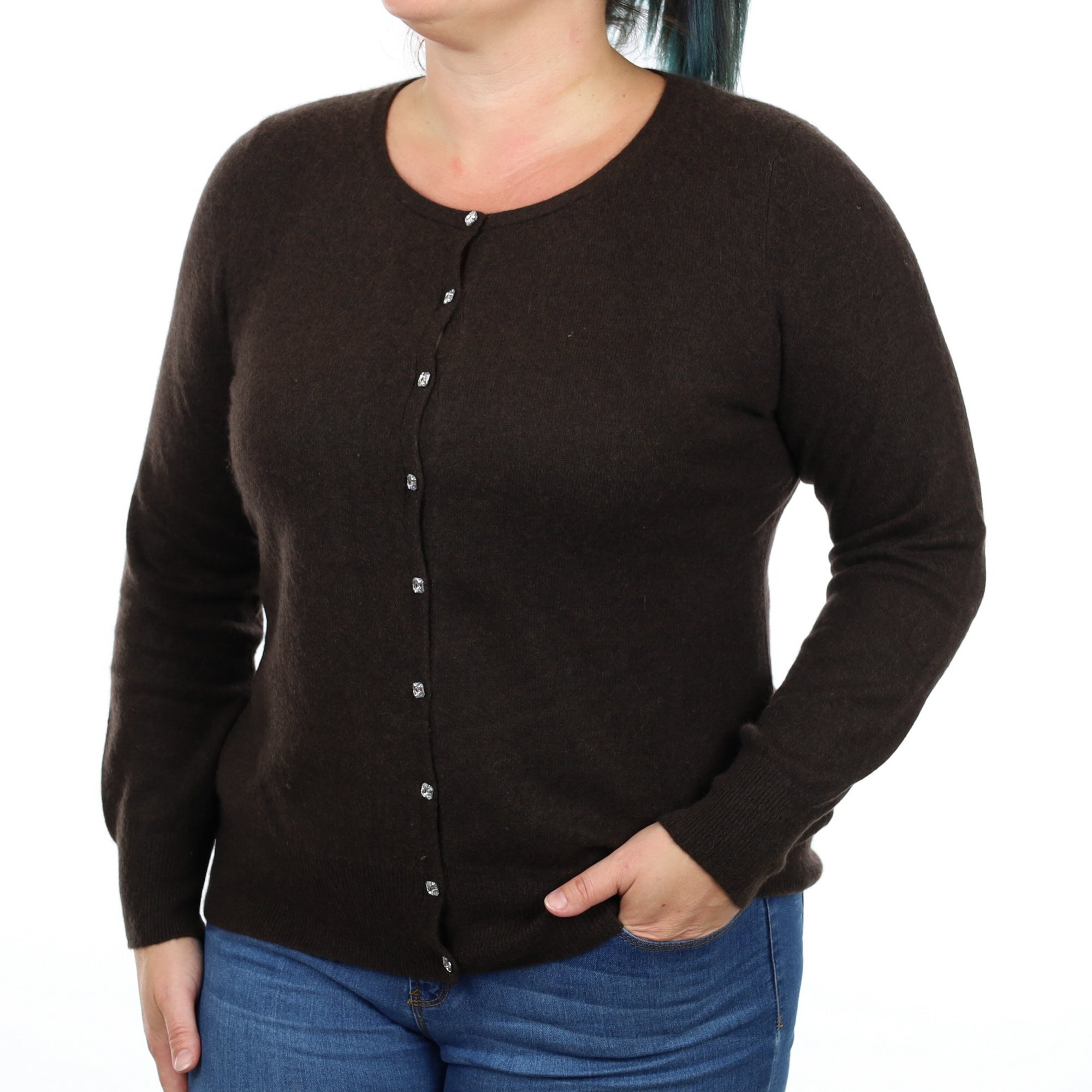 Bitter Chocolate Brown Cashmere Crew Neck Cardigan Large