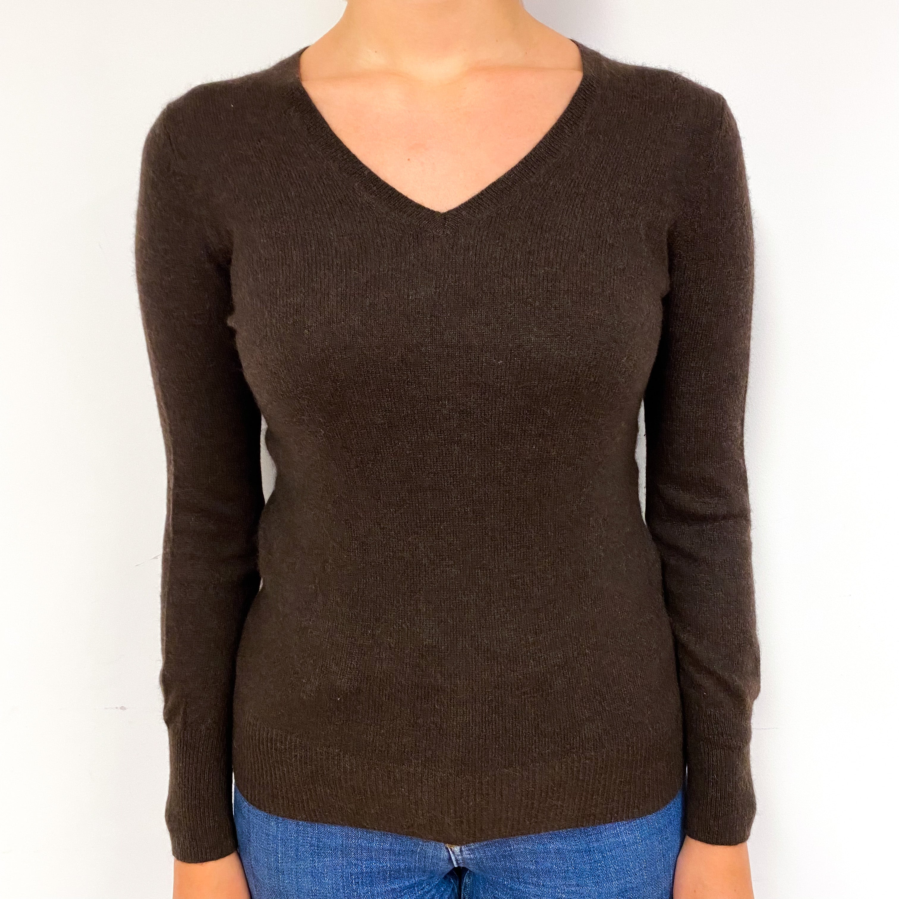 Chocolate Brown Cashmere V-Neck Jumper Small