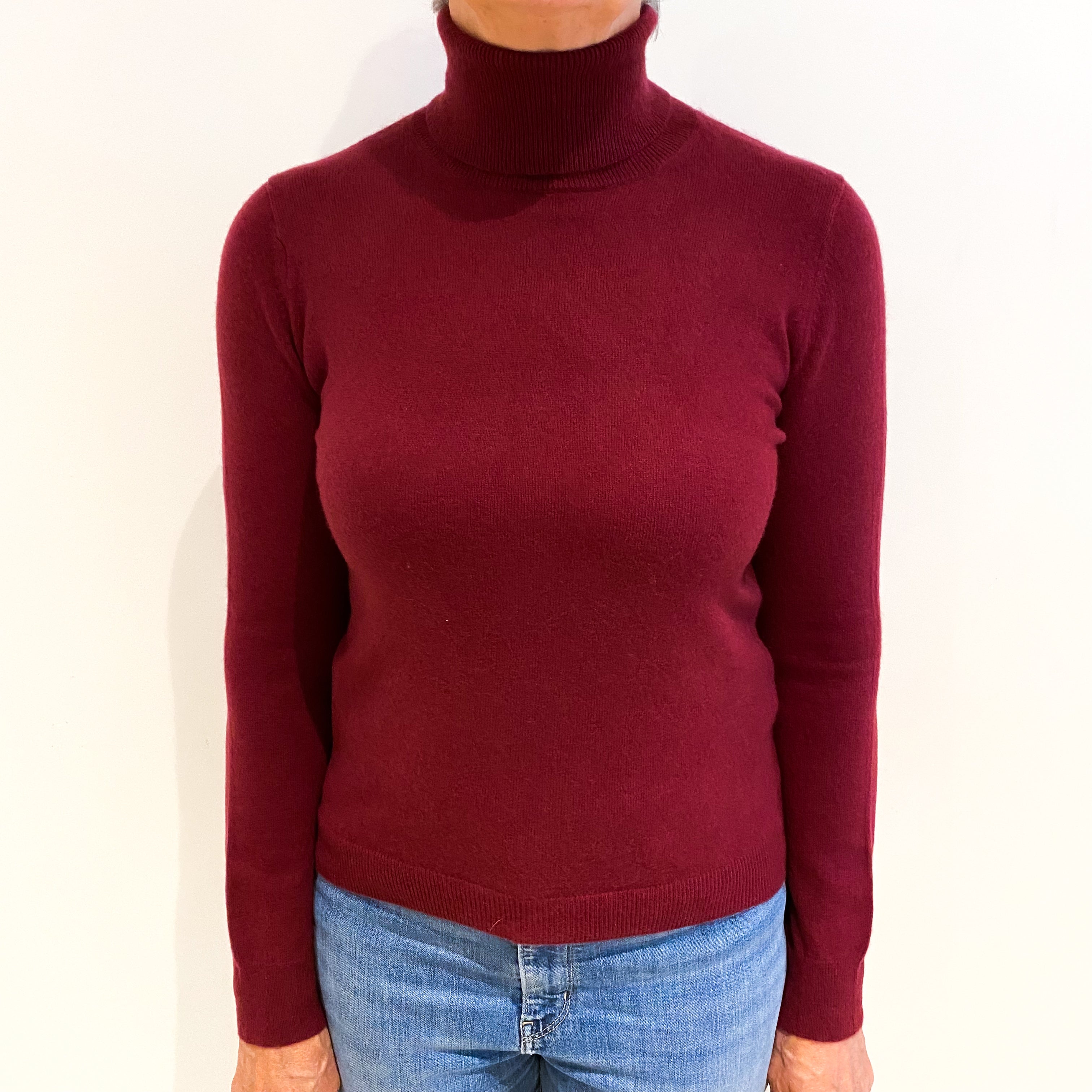 Burgundy Red Cashmere Polo Neck Jumper Medium