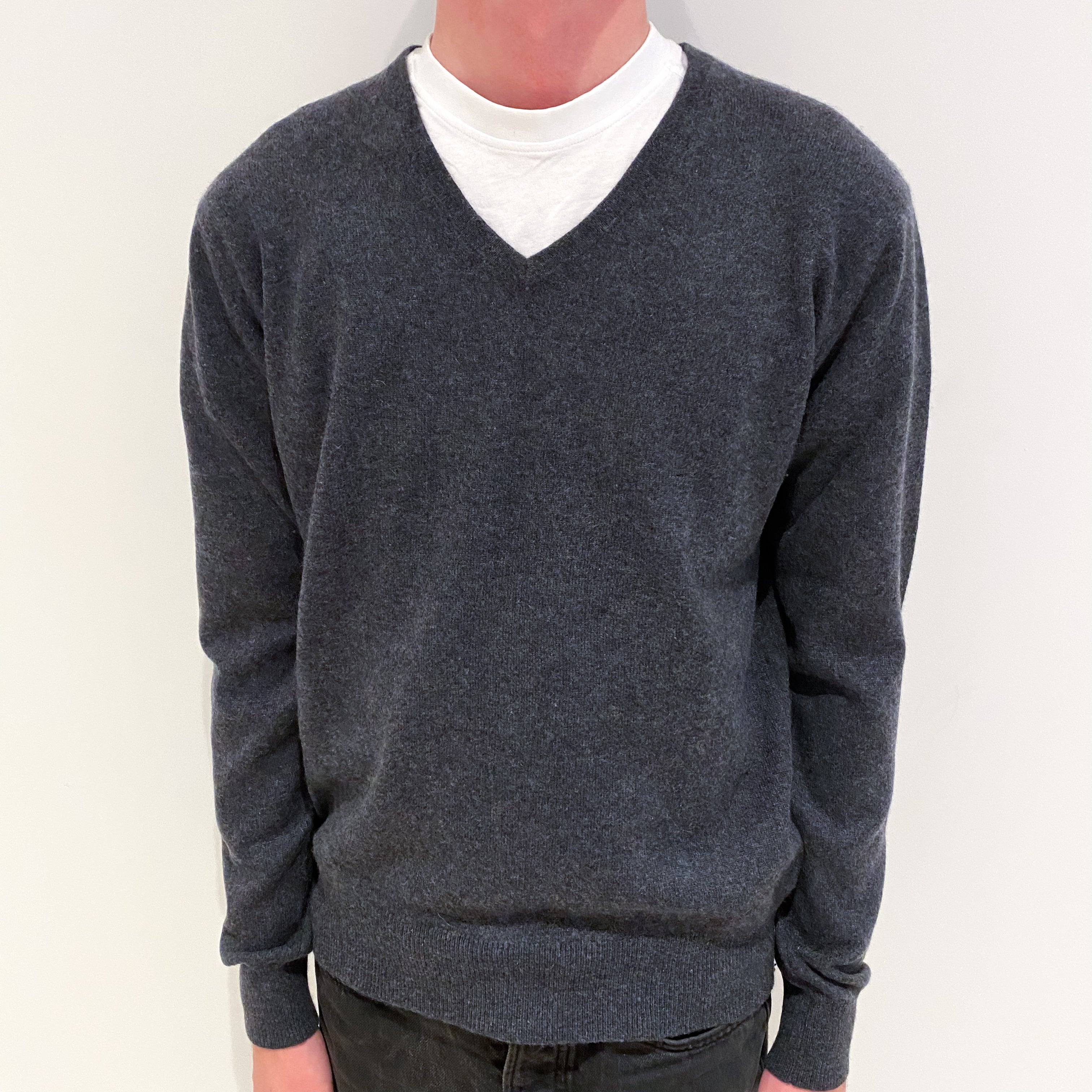 Men's Slate Grey Cashmere V-Neck Jumper Small