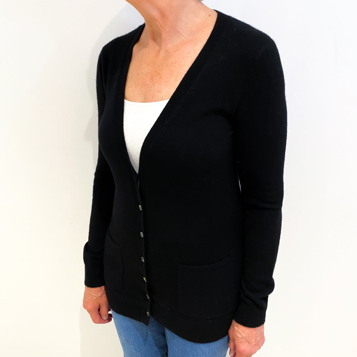 Black Cashmere V Neck Cardigan Medium