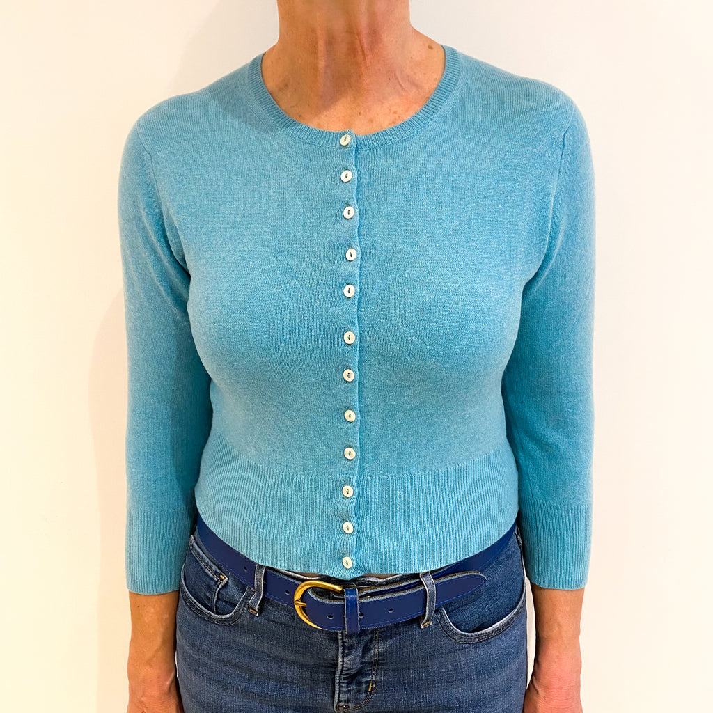 Brora Aqua Blue Cashmere Crew Neck Cropped Cardigan Medium