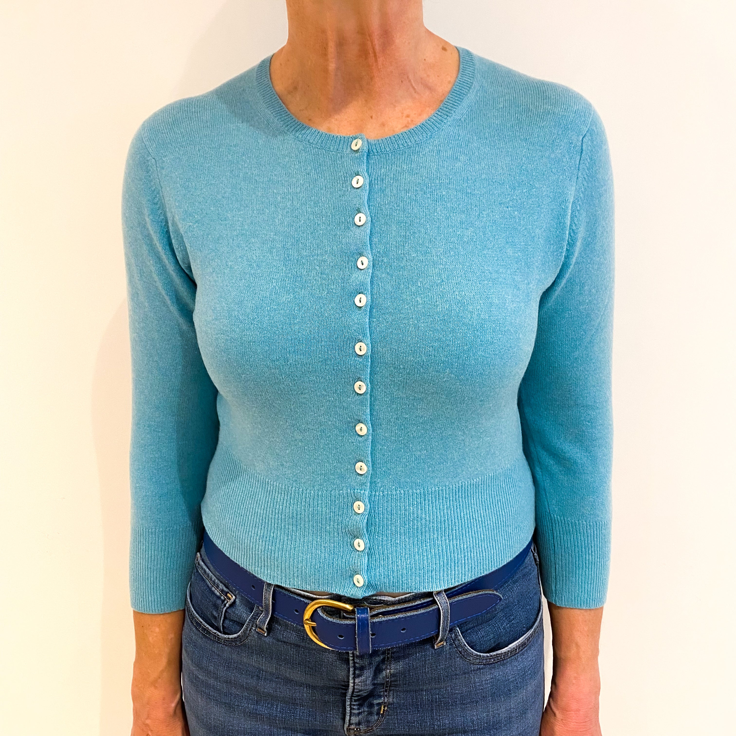 Brora Aqua Blue Cashmere Crew Neck Cropped Cardigan Medium