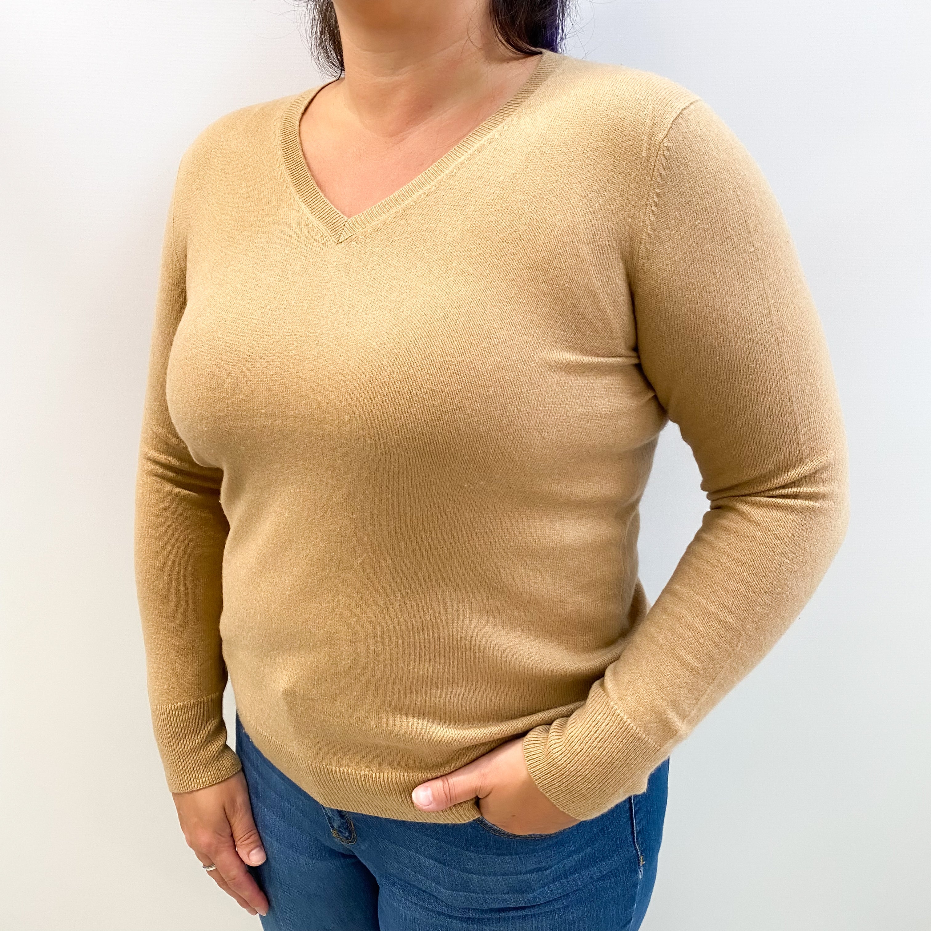 Camel Brown Cashmere V Neck Jumper Large