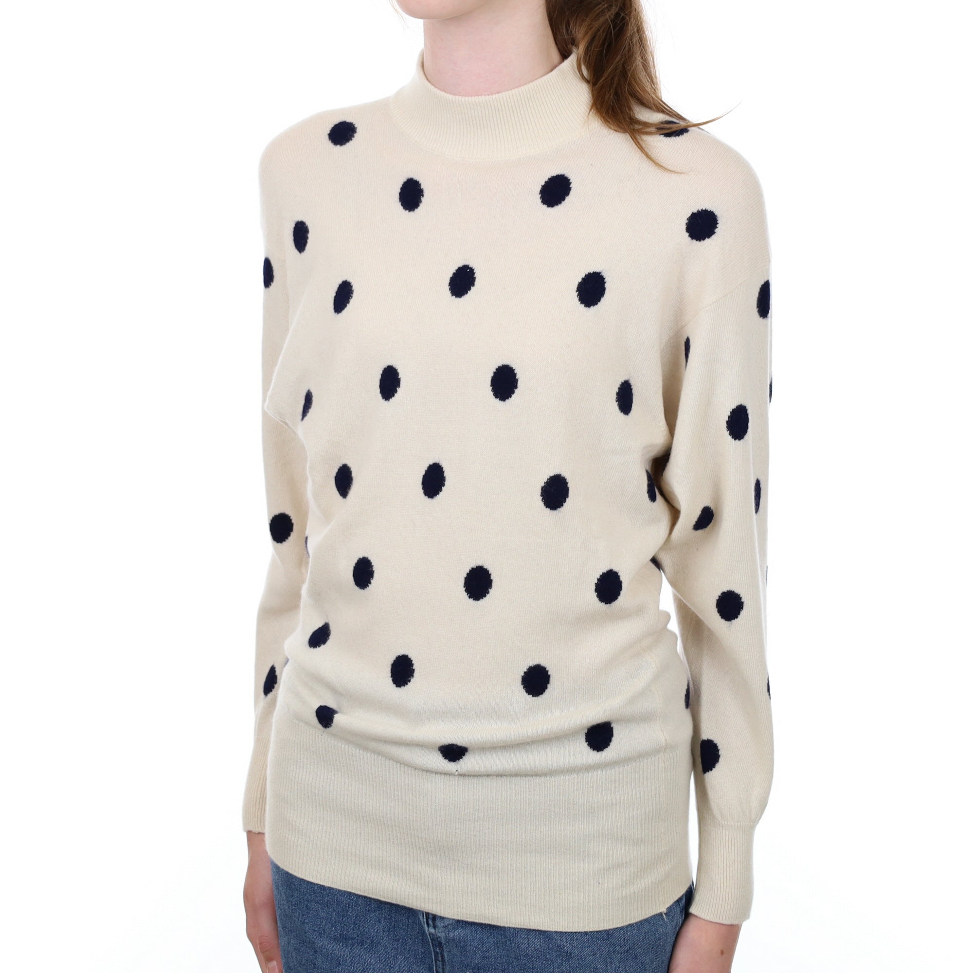 Cream Navy Spot Cashmere Turtle Neck Jumper Extra Small