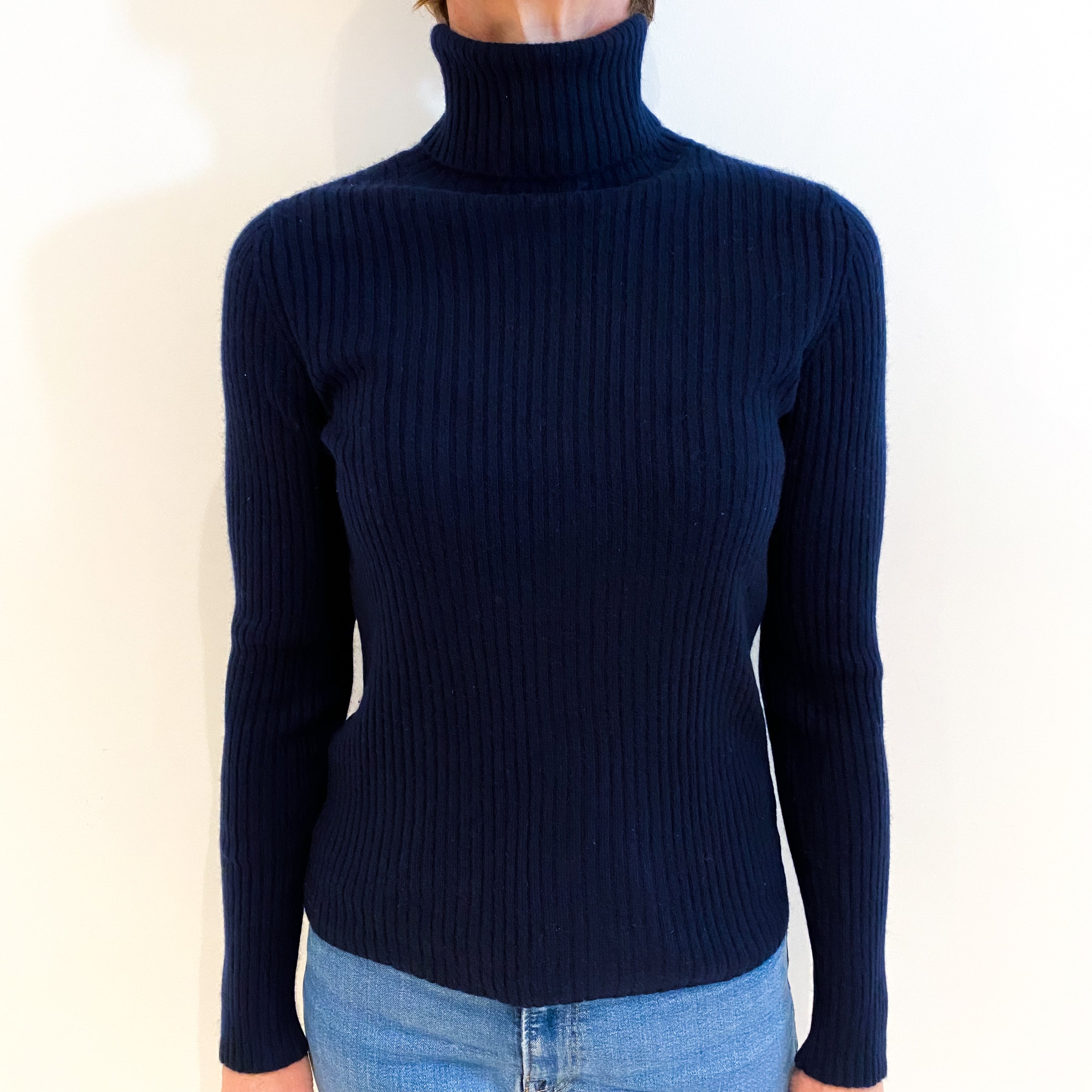 Navy Skinny Rib Cashmere Polo Neck Jumper Small