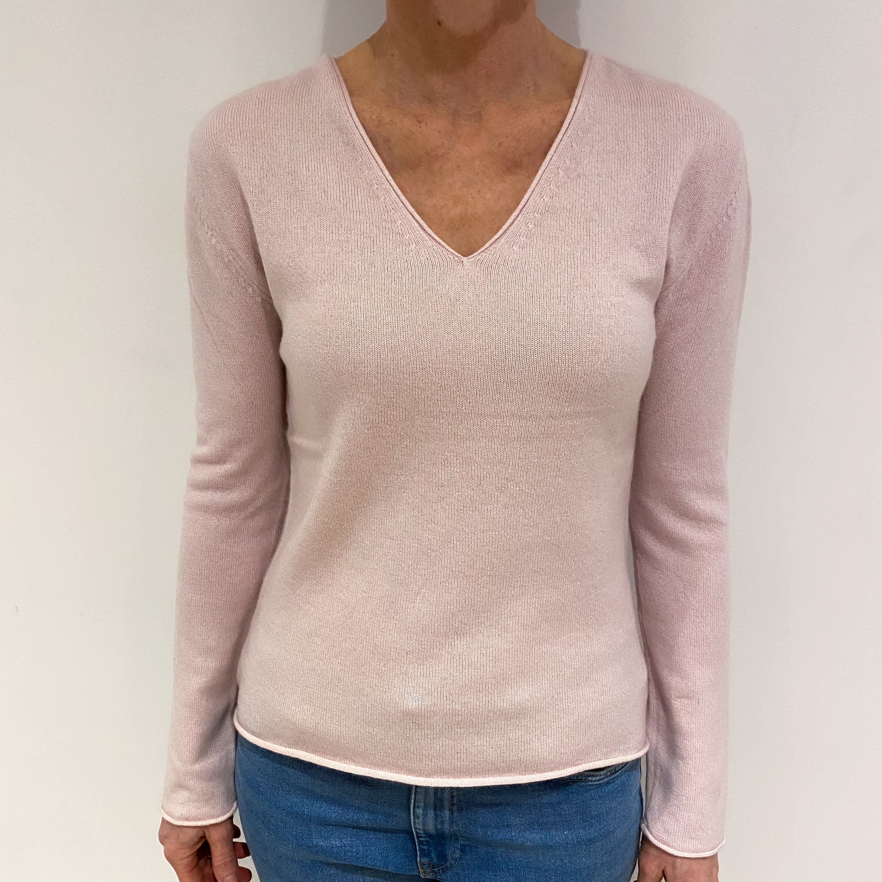 Ice Pink Cashmere V Neck Jumper with Rolled Edges  Small