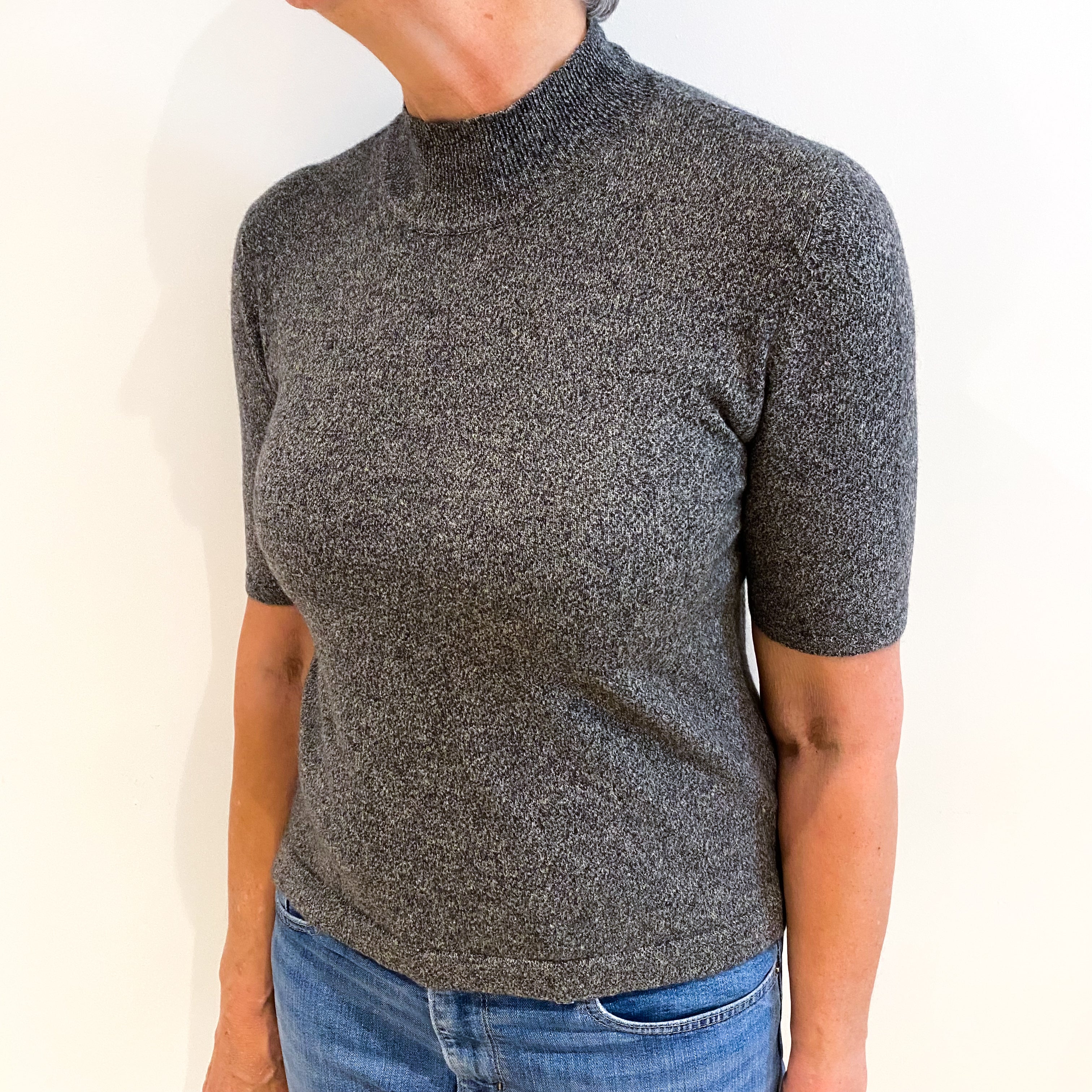 Black Marl Cashmere Turtle Neck Short Sleeved Jumper Medium