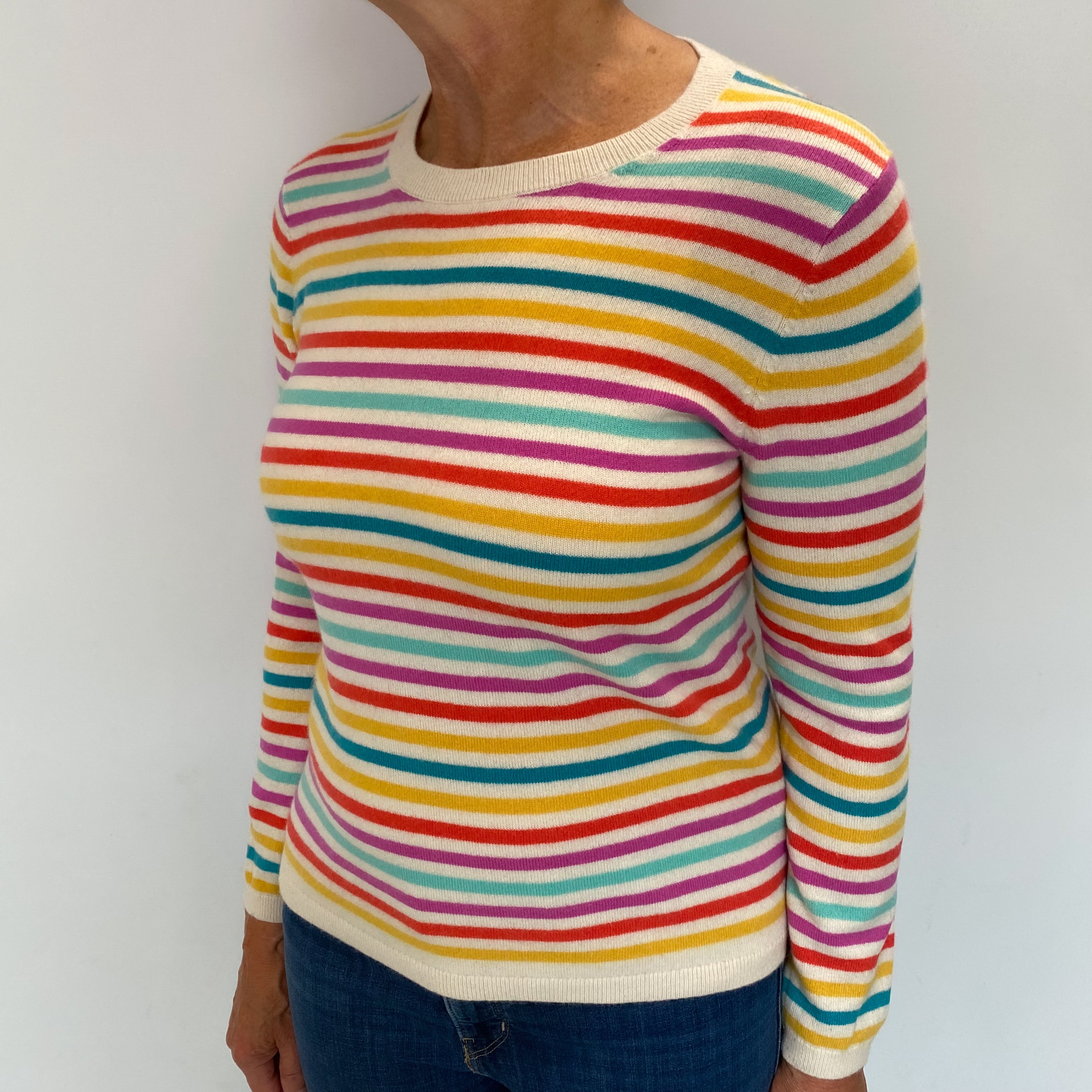 Cream Stripe Cashmere Crew Neck Jumper Medium