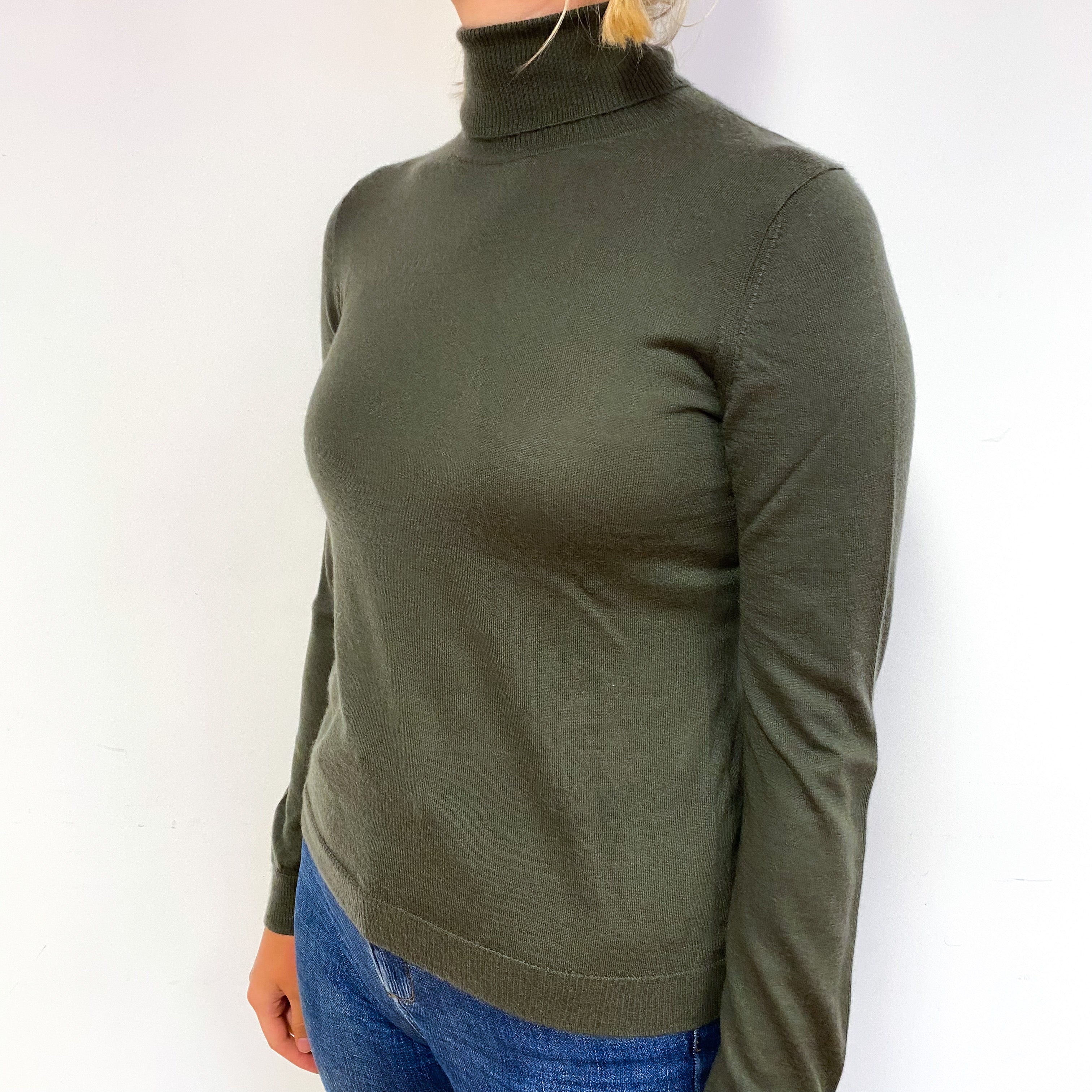 Khaki Green Fine Knit Cashmere Polo Neck Jumper Small