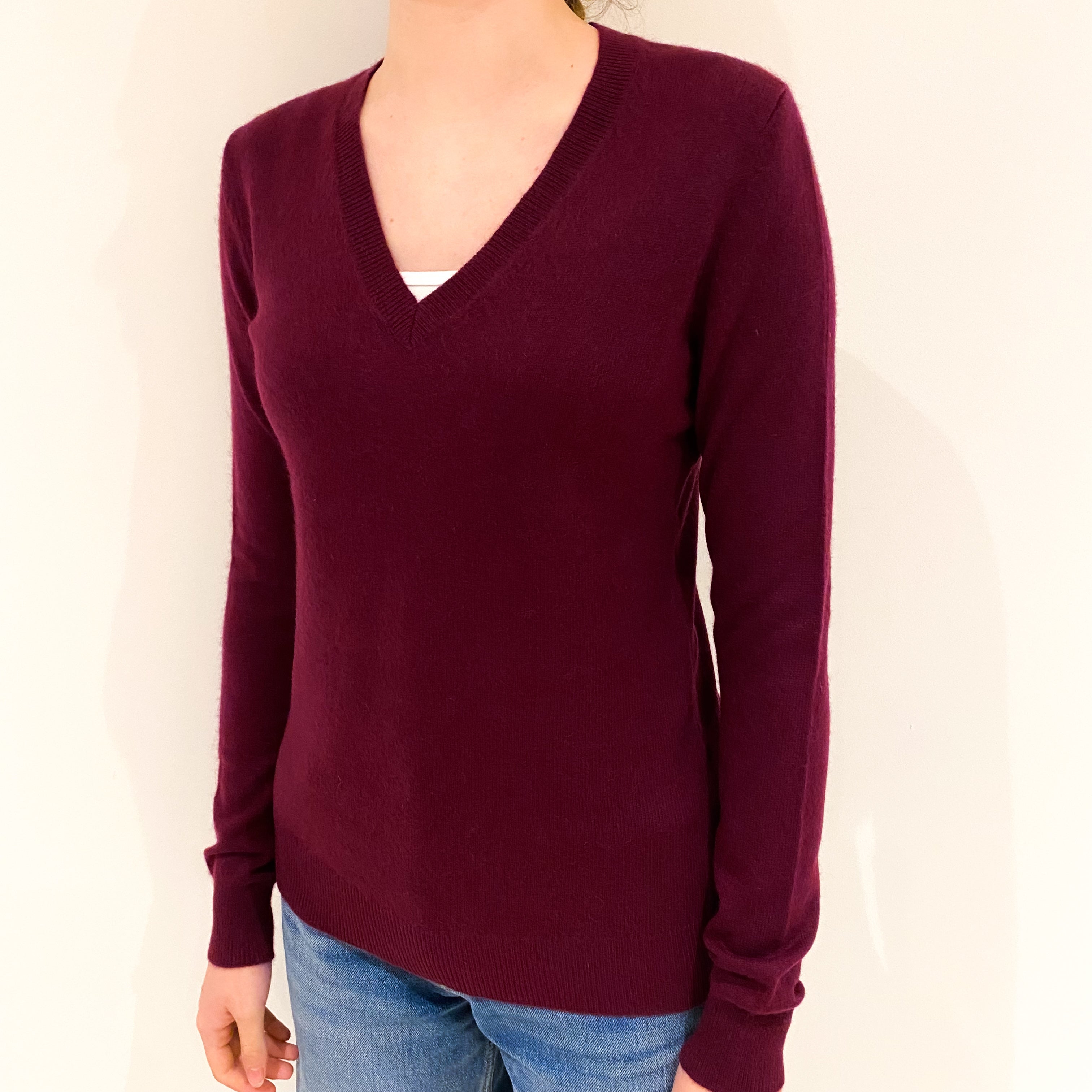 Burgundy Red Cashmere V-Neck Jumper Extra Small