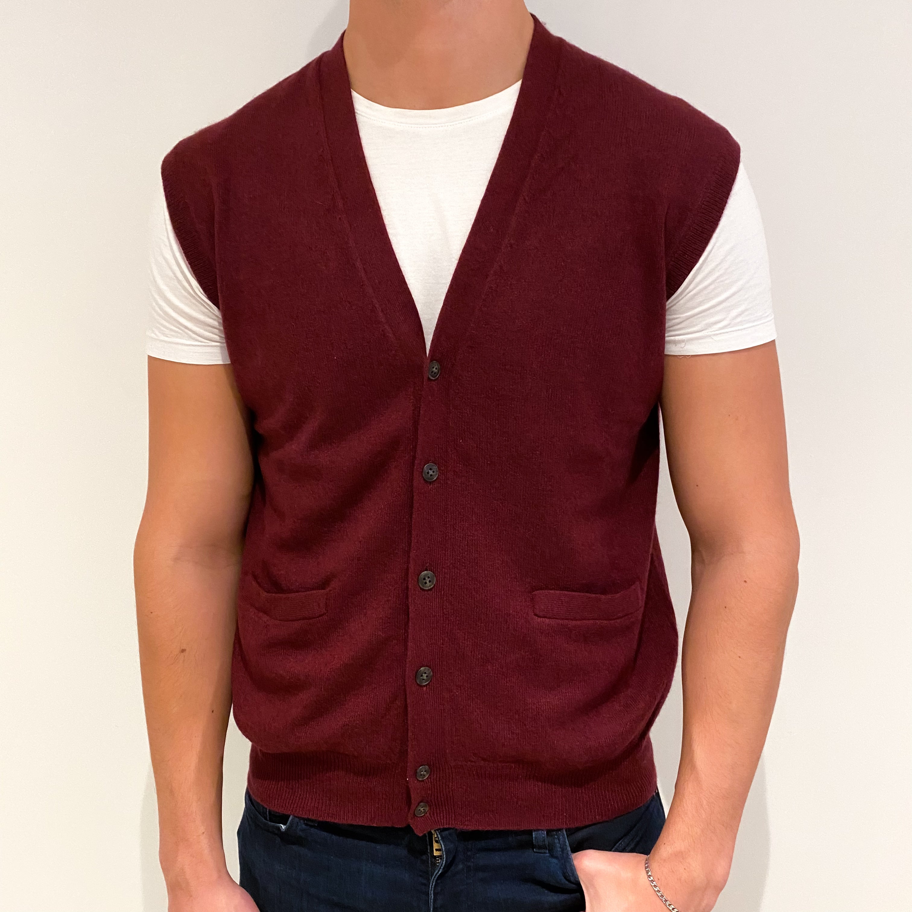 Men's Wine Red Cashmere V-Neck Waist Coat Extra Large