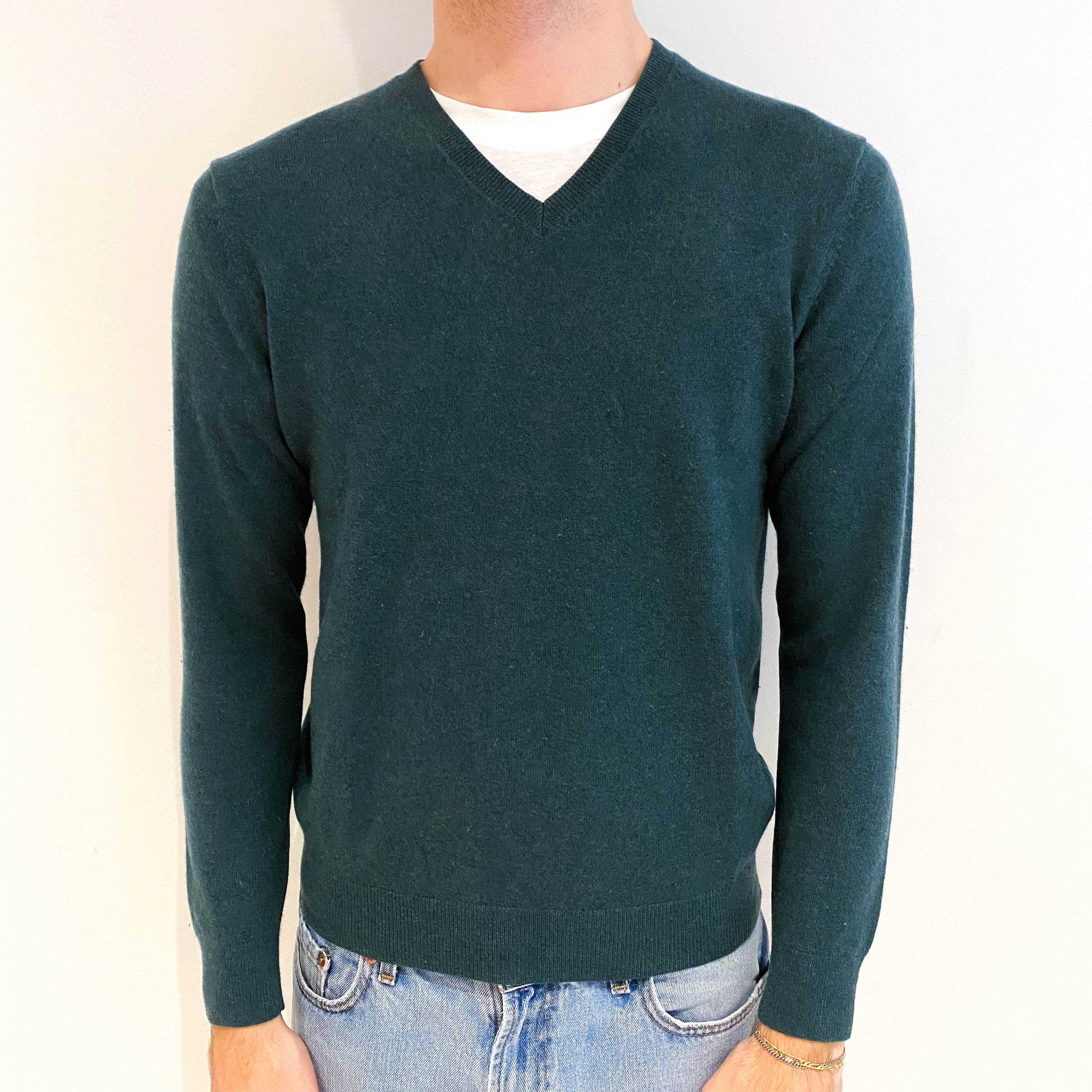 Men's Forest Green Cashmere V Neck Jumper Medium