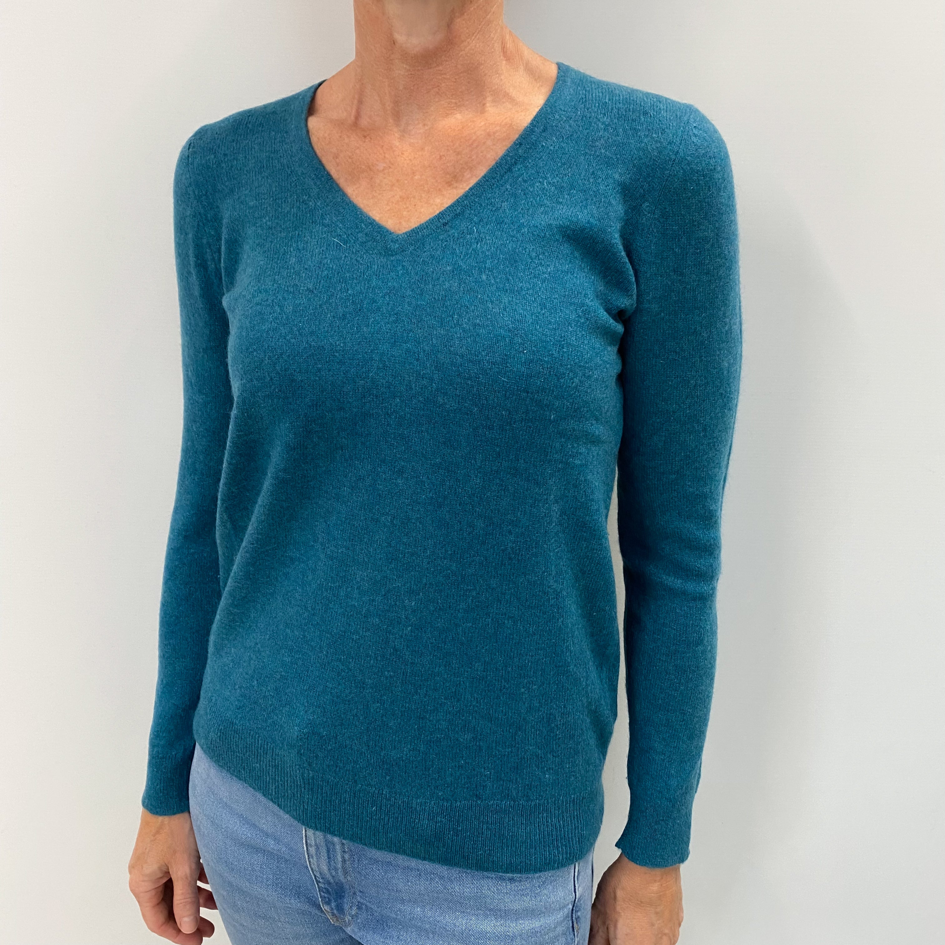 Teal Blue Cashmere V Neck Jumper Small