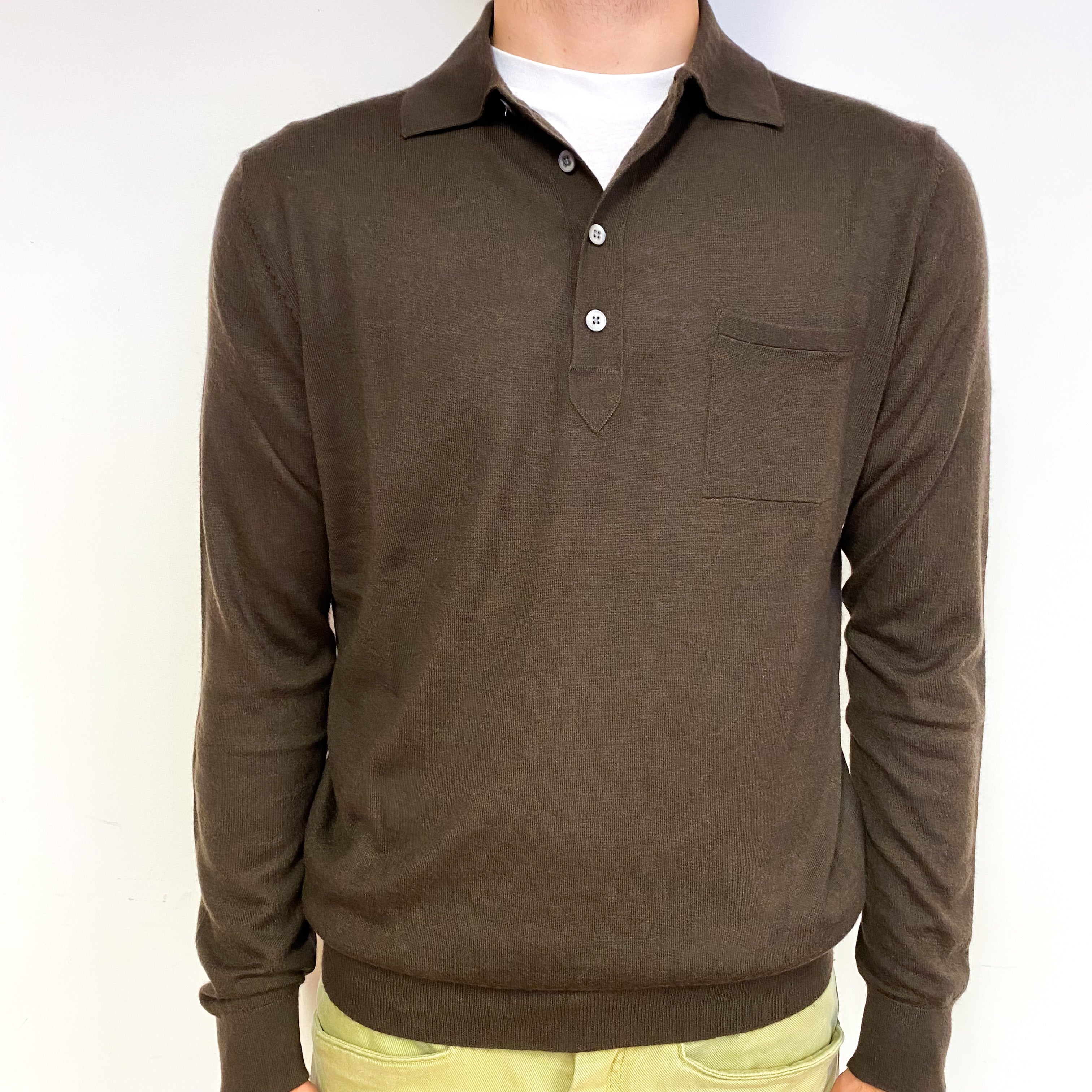 Men's Peppercorn Brown Fine Knit Cashmere 1/4 Button Jumper Large