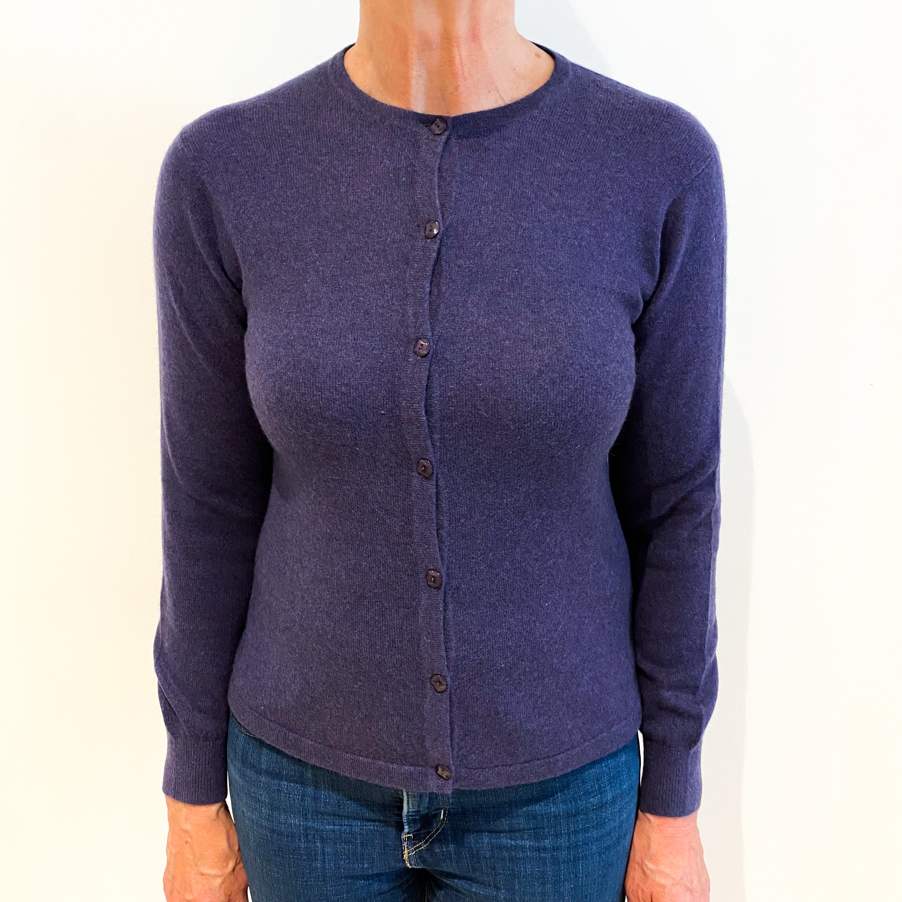 Deep Amethyst Purple Cashmere Crew Neck Cardigan Medium