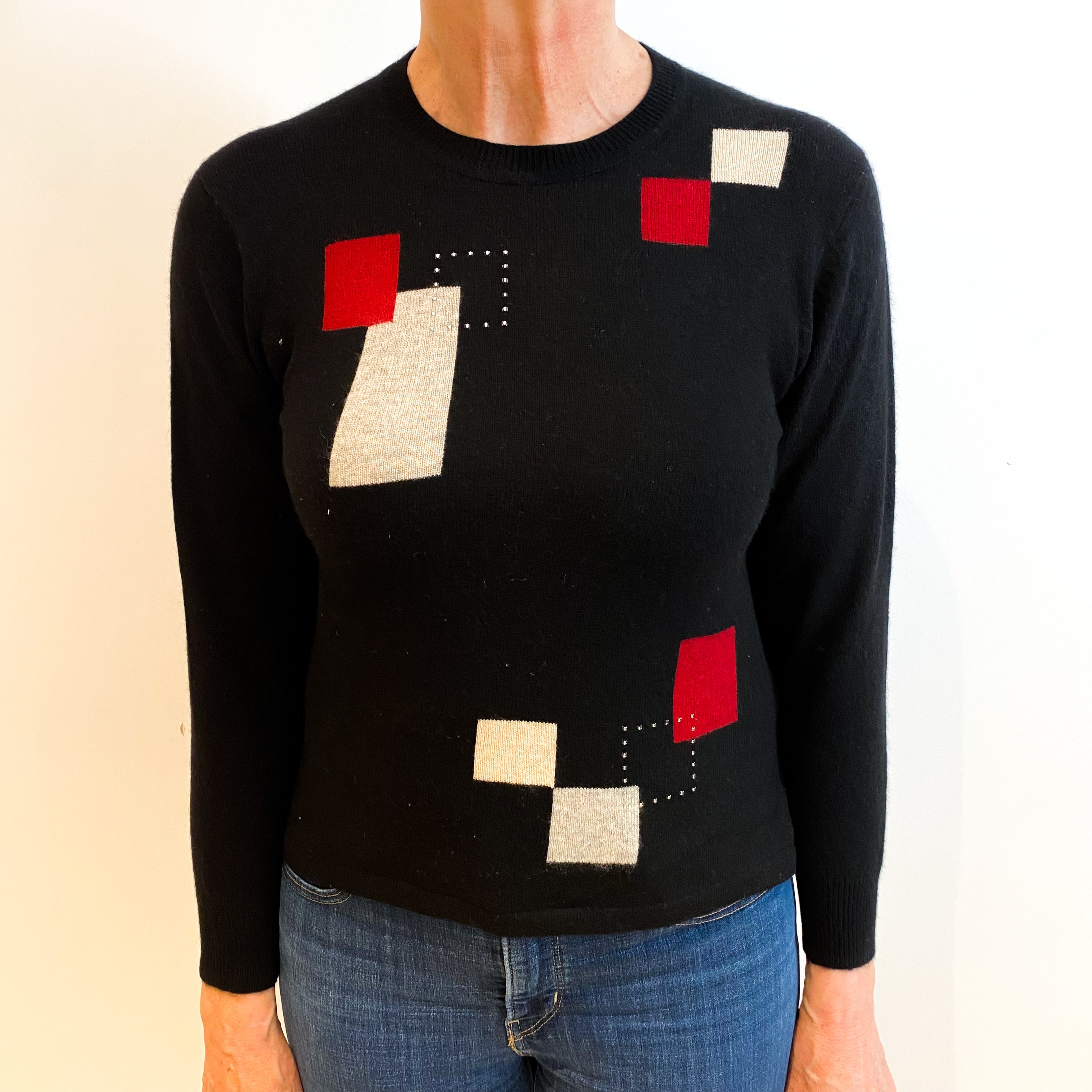 Black Colour Boxes Pattern Cashmere Crew Neck Jumper Medium