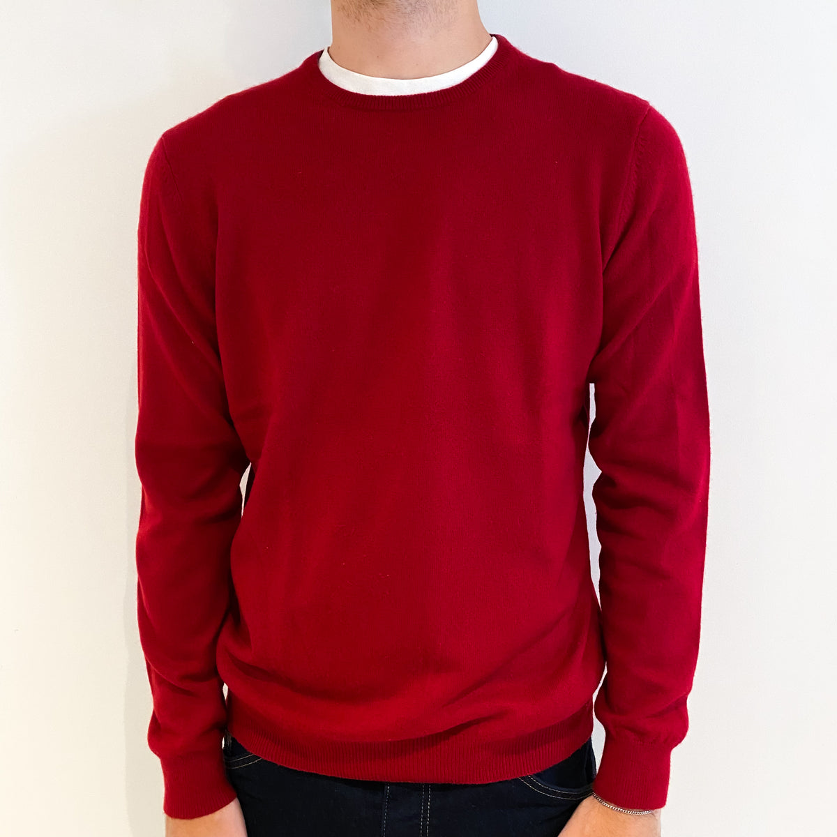 Men's Crimson Red Cashmere Crew Neck Jumper Medium