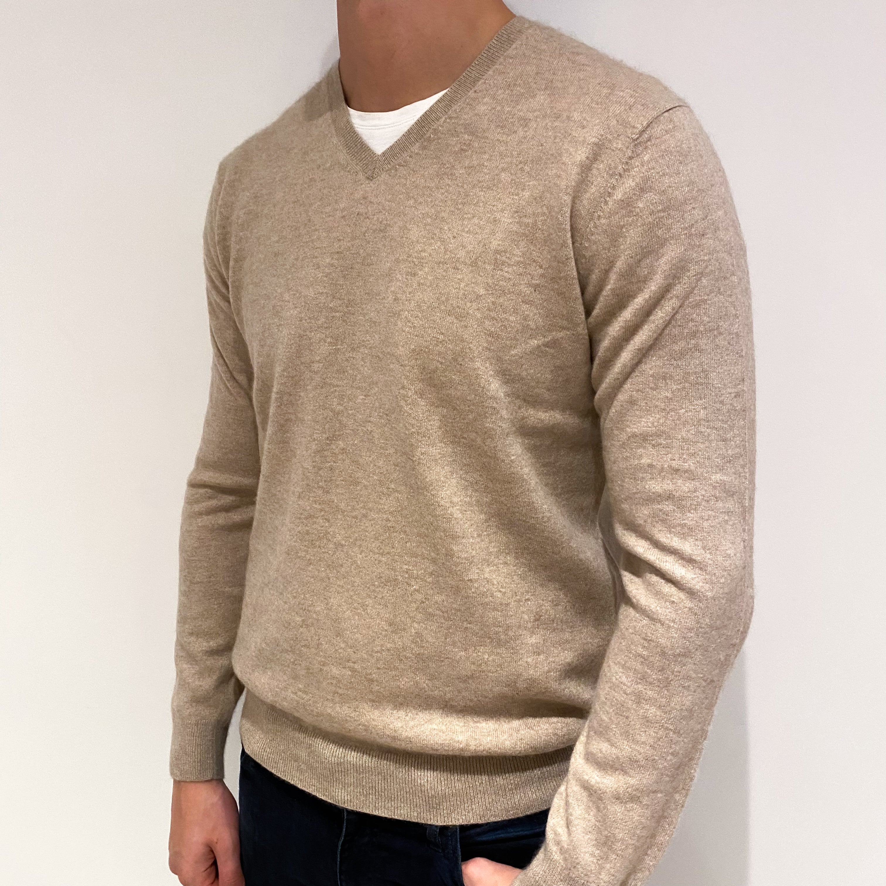 Men's Fawn Beige Cashmere V-Neck Jumper Extra Large