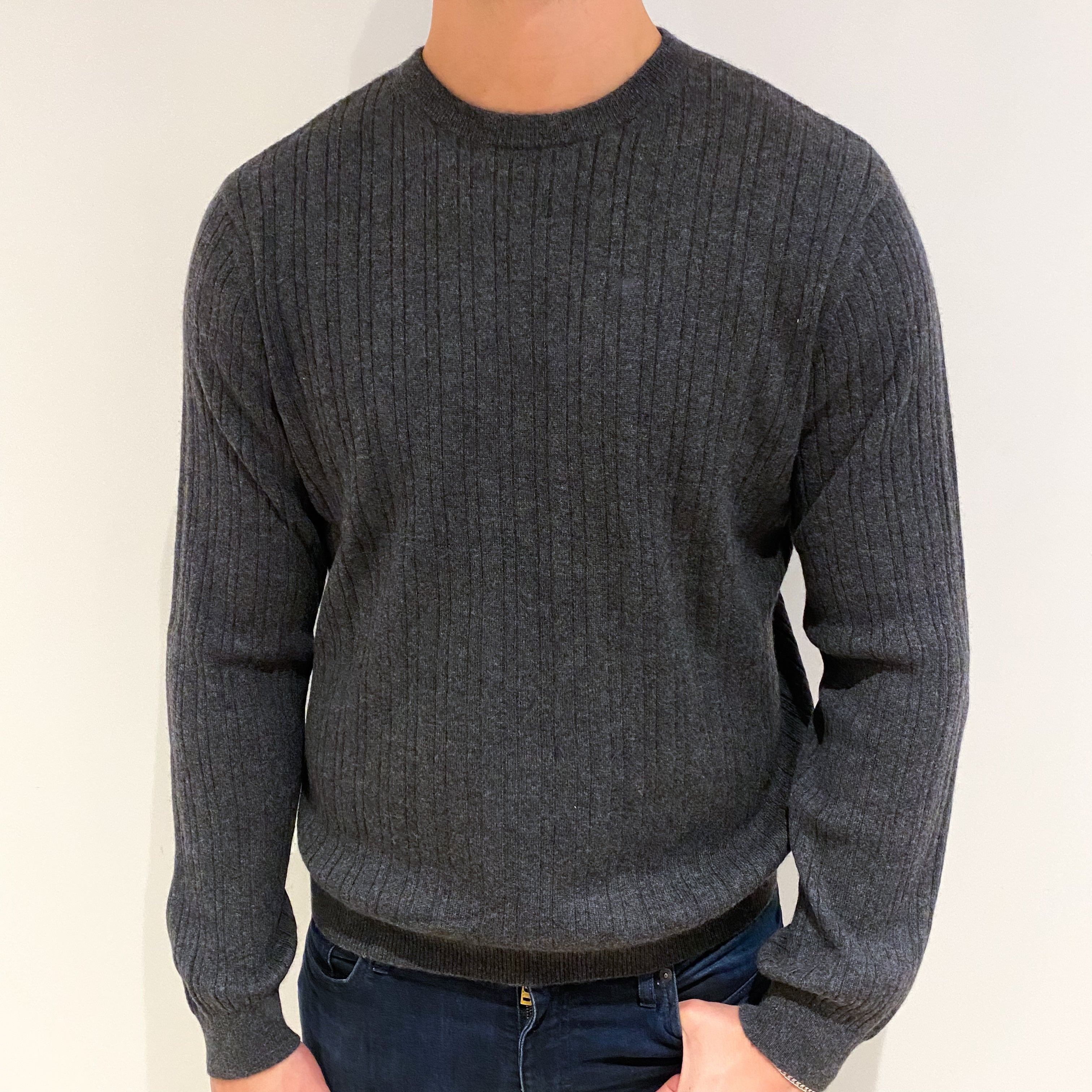 Men's Charcoal Grey Cashmere Crew Neck Ribbed Jumper XL