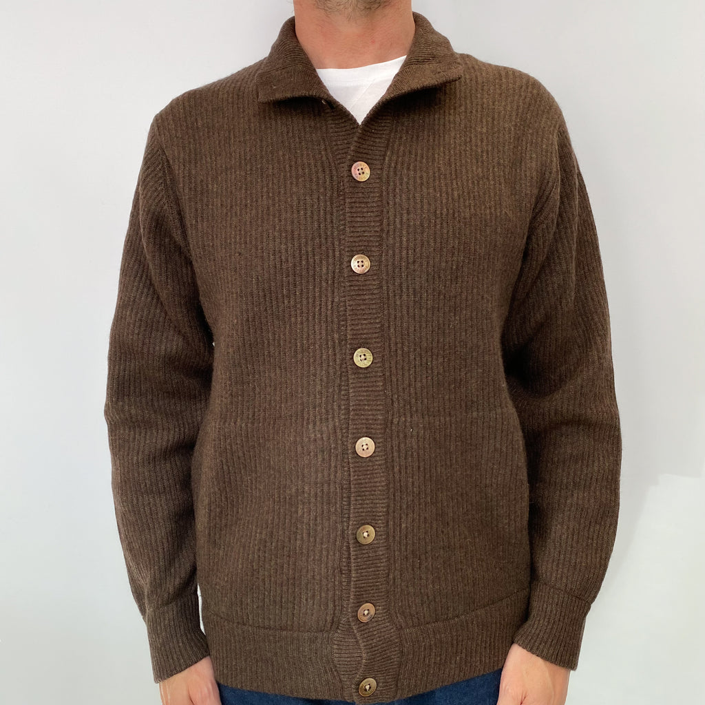 Brown and Green Blend Men's Cashmere Cardigan Small
