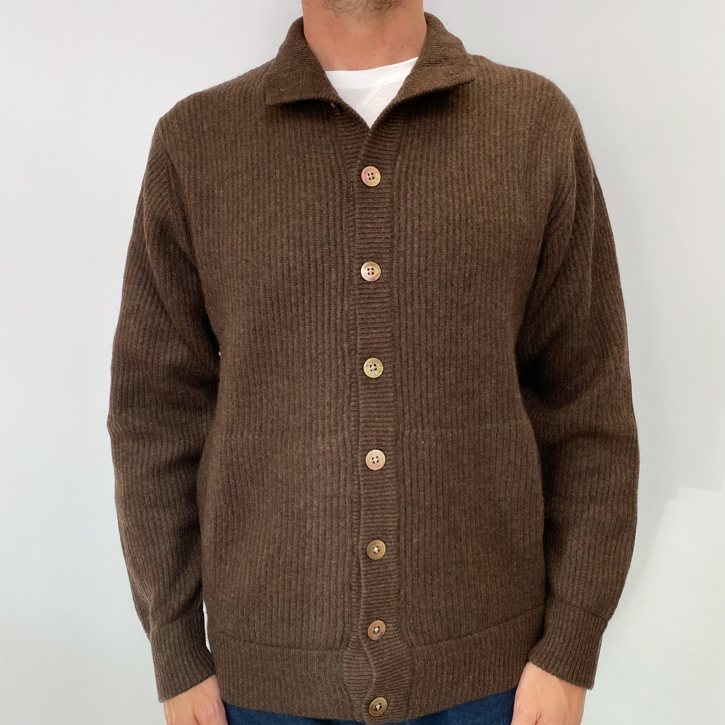 Brown and Green Blend Men's Cashmere Cardigan Small