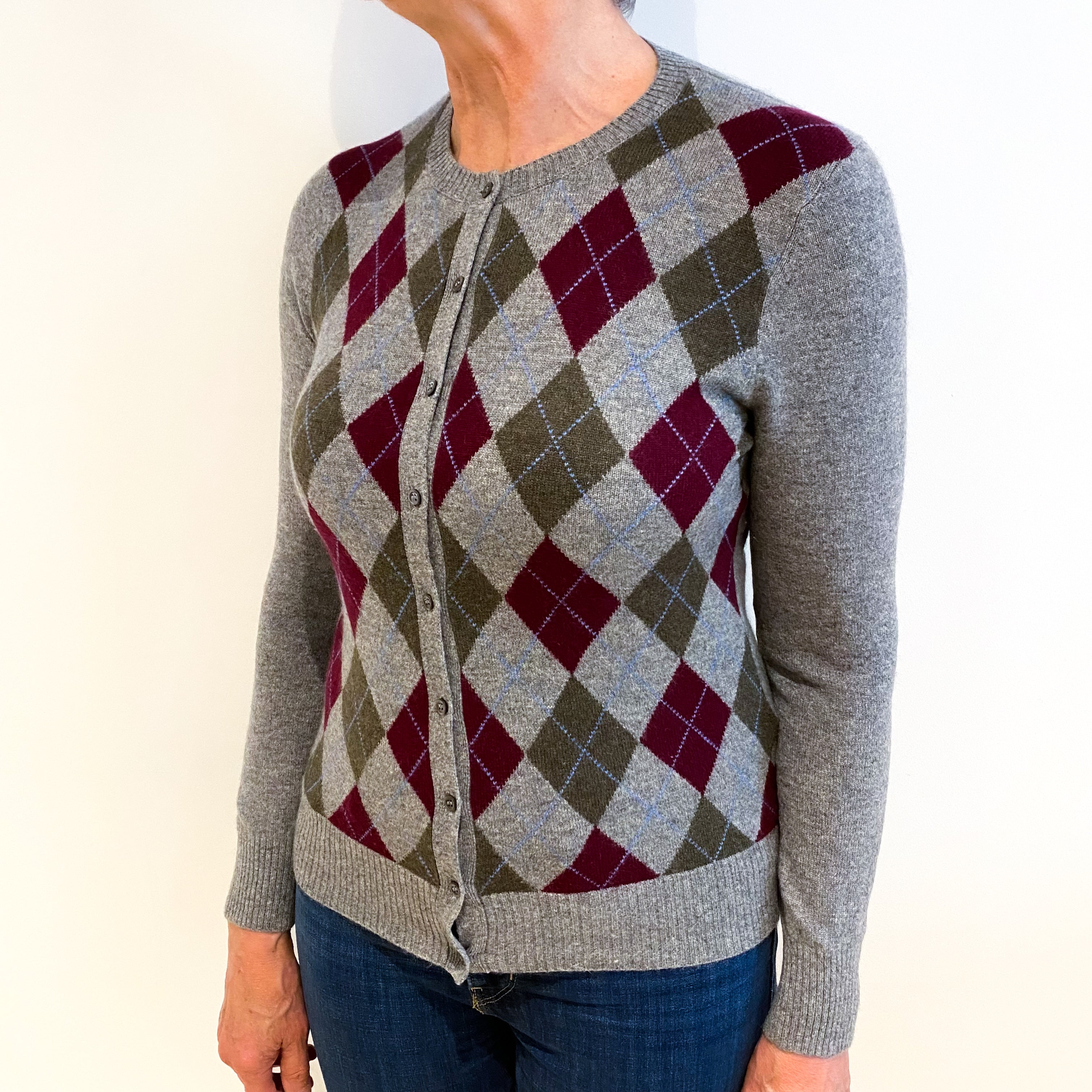 Smoke Grey Argyle Cashmere Crew Neck Cardigan Medium