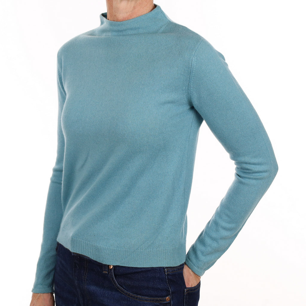 Dusky Aqua Cashmere Funnel Neck Jumper Small