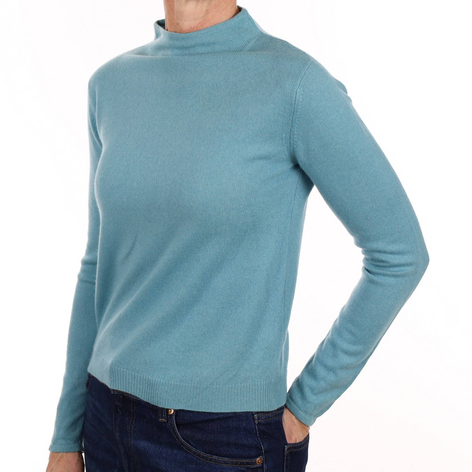 Dusky Aqua Cashmere Funnel Neck Jumper Small