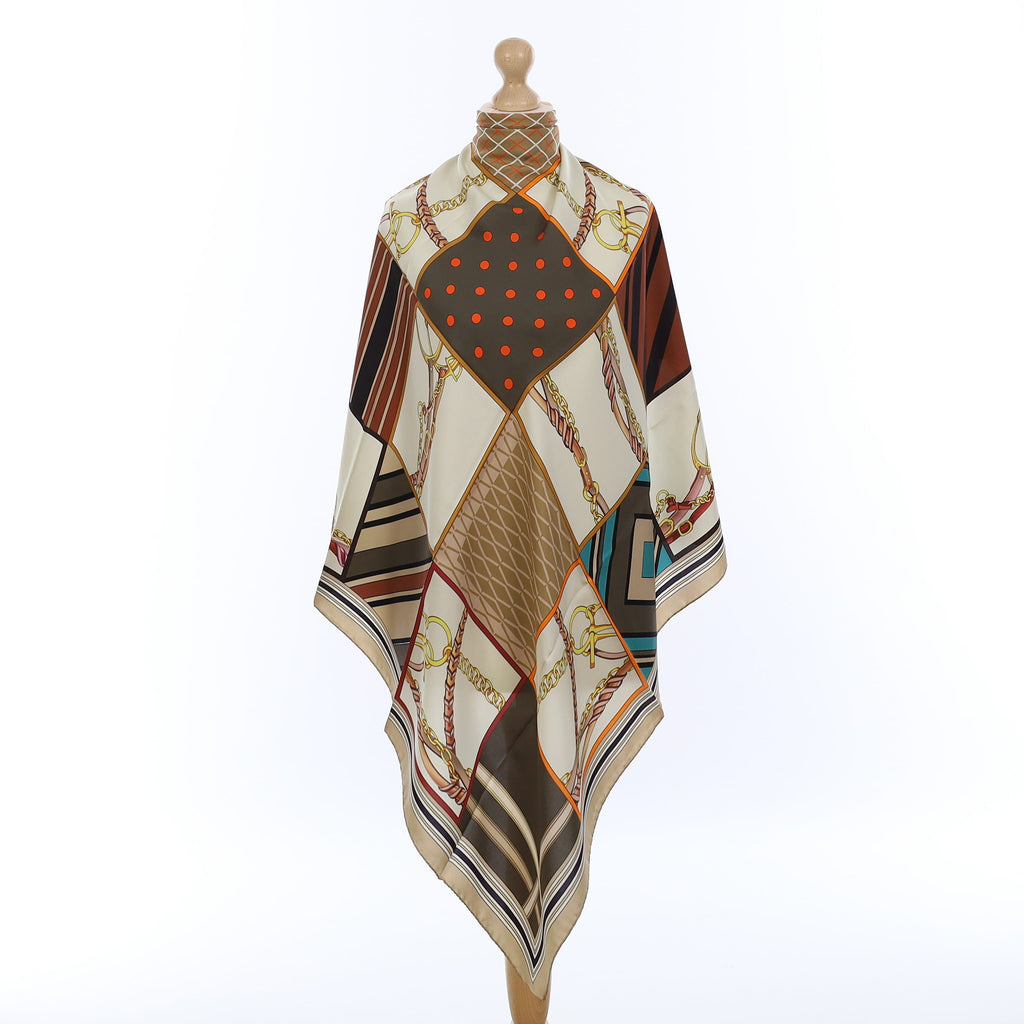 Brand New Italian Brown Equestrian Chequered Silk Scarf